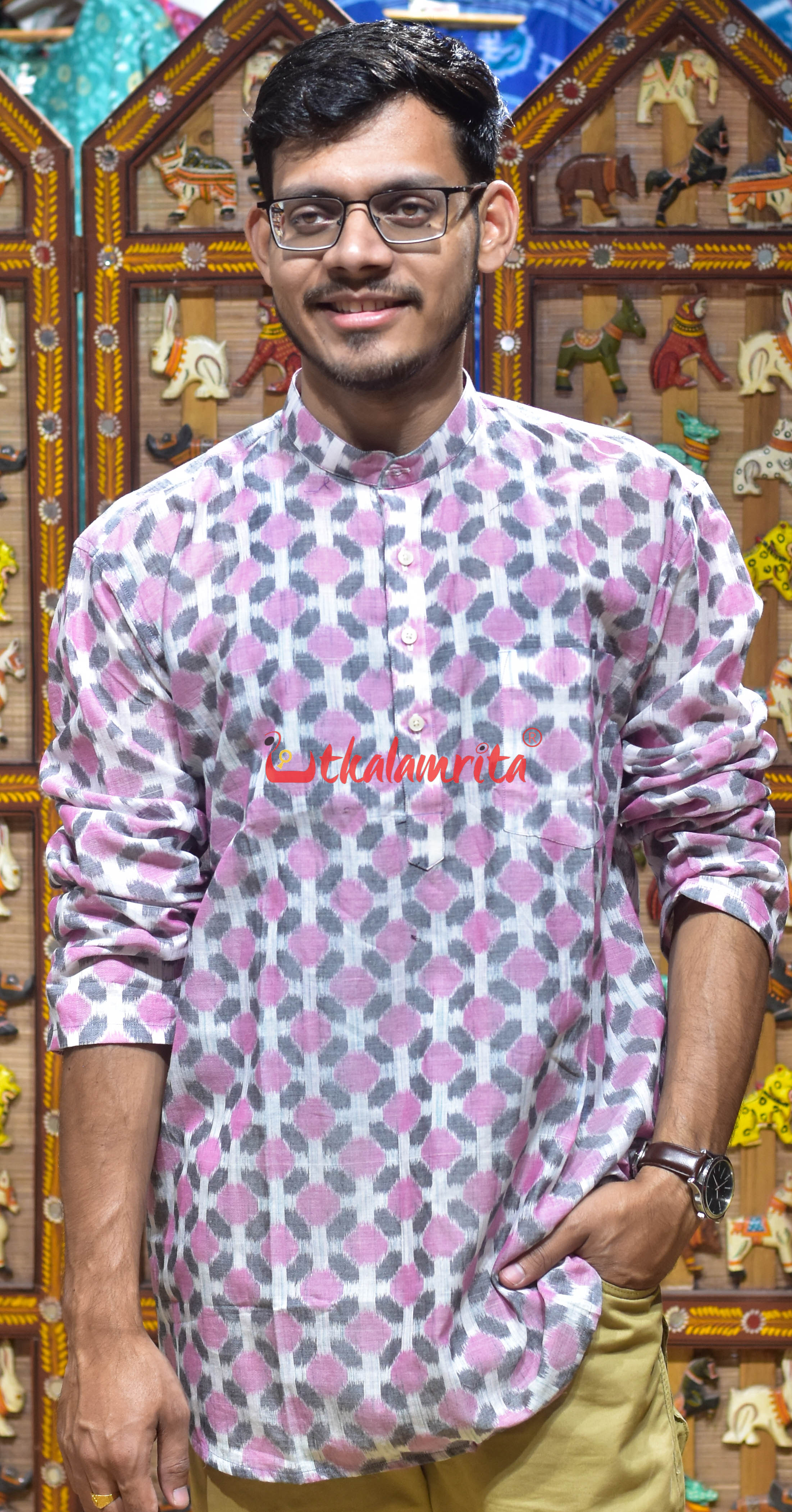 Grey Pink Flowers (Men's Short Kurta)