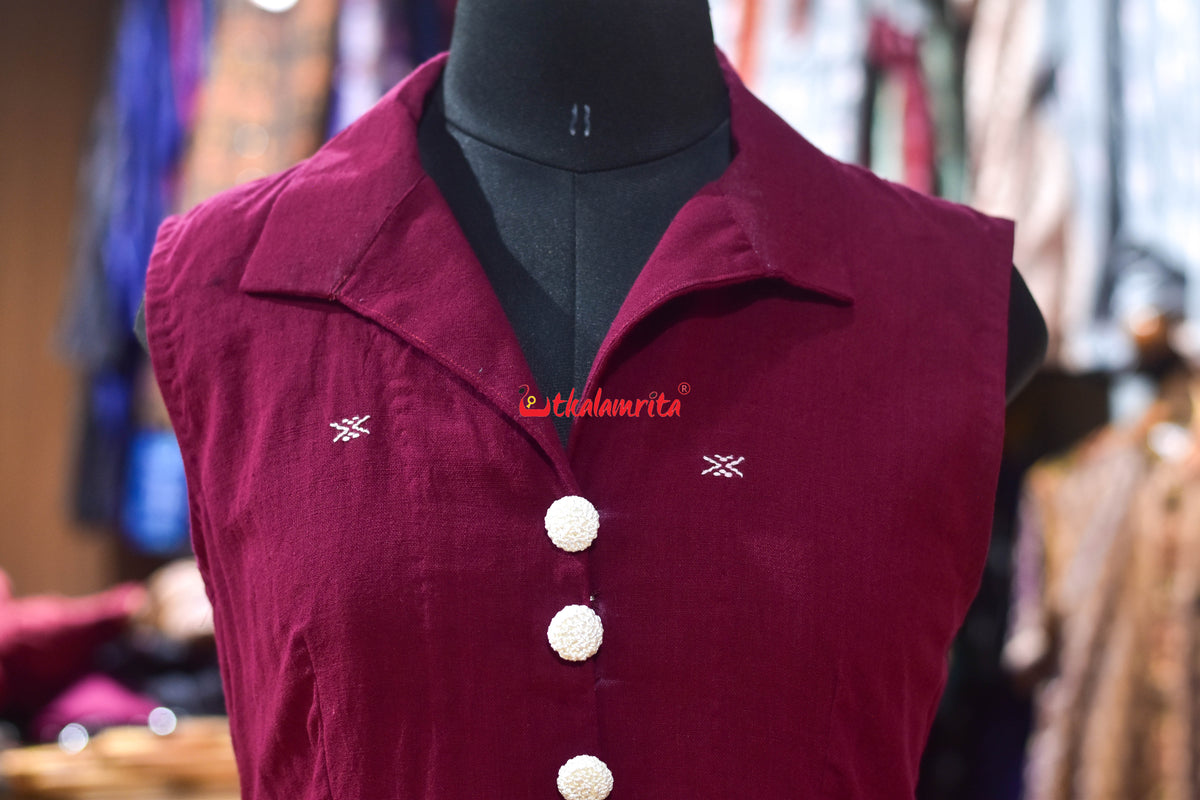 Maroon With White Buti Kotpad (Ladies' Sleeveless Gown)