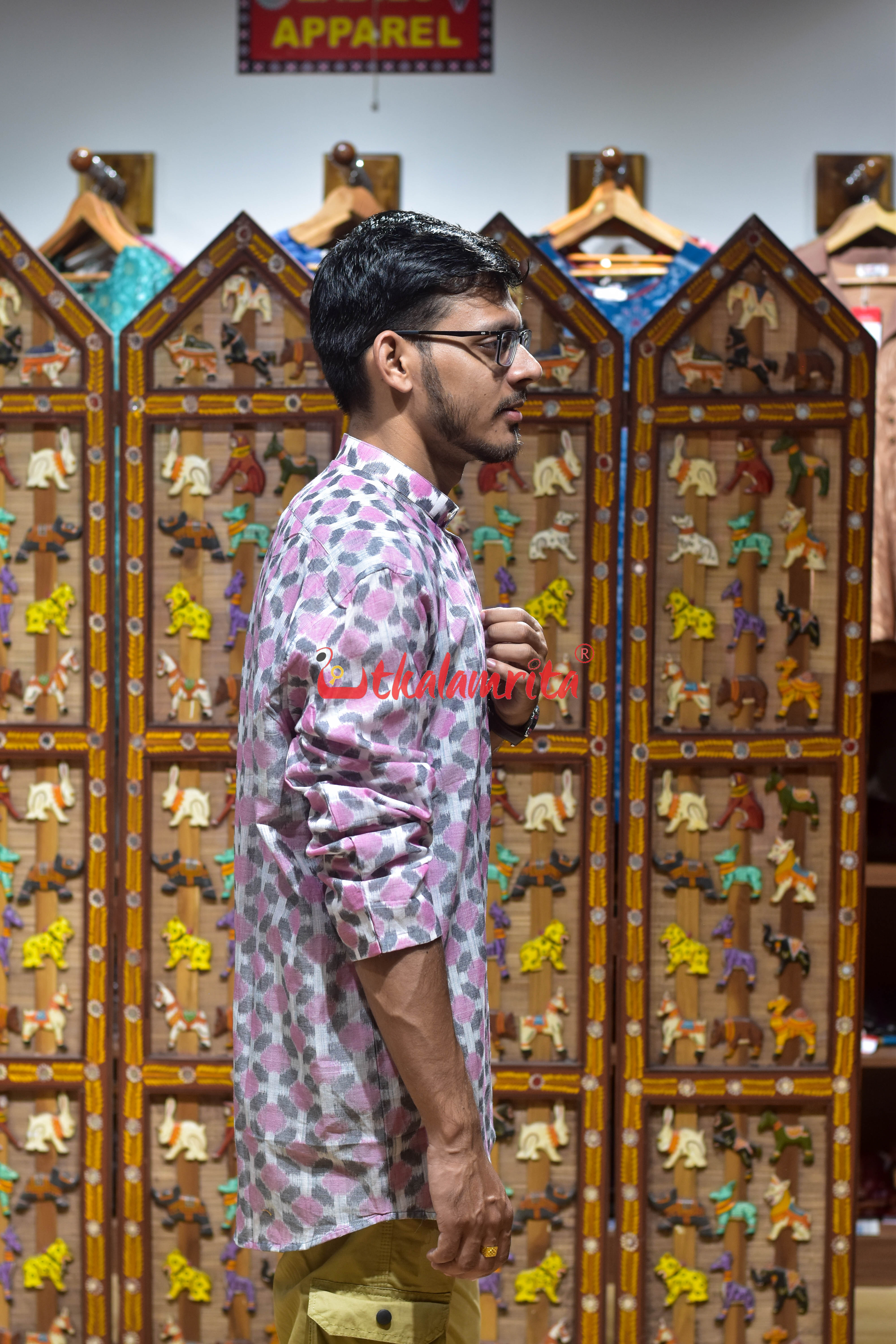 Grey Pink Flowers (Men's Short Kurta)