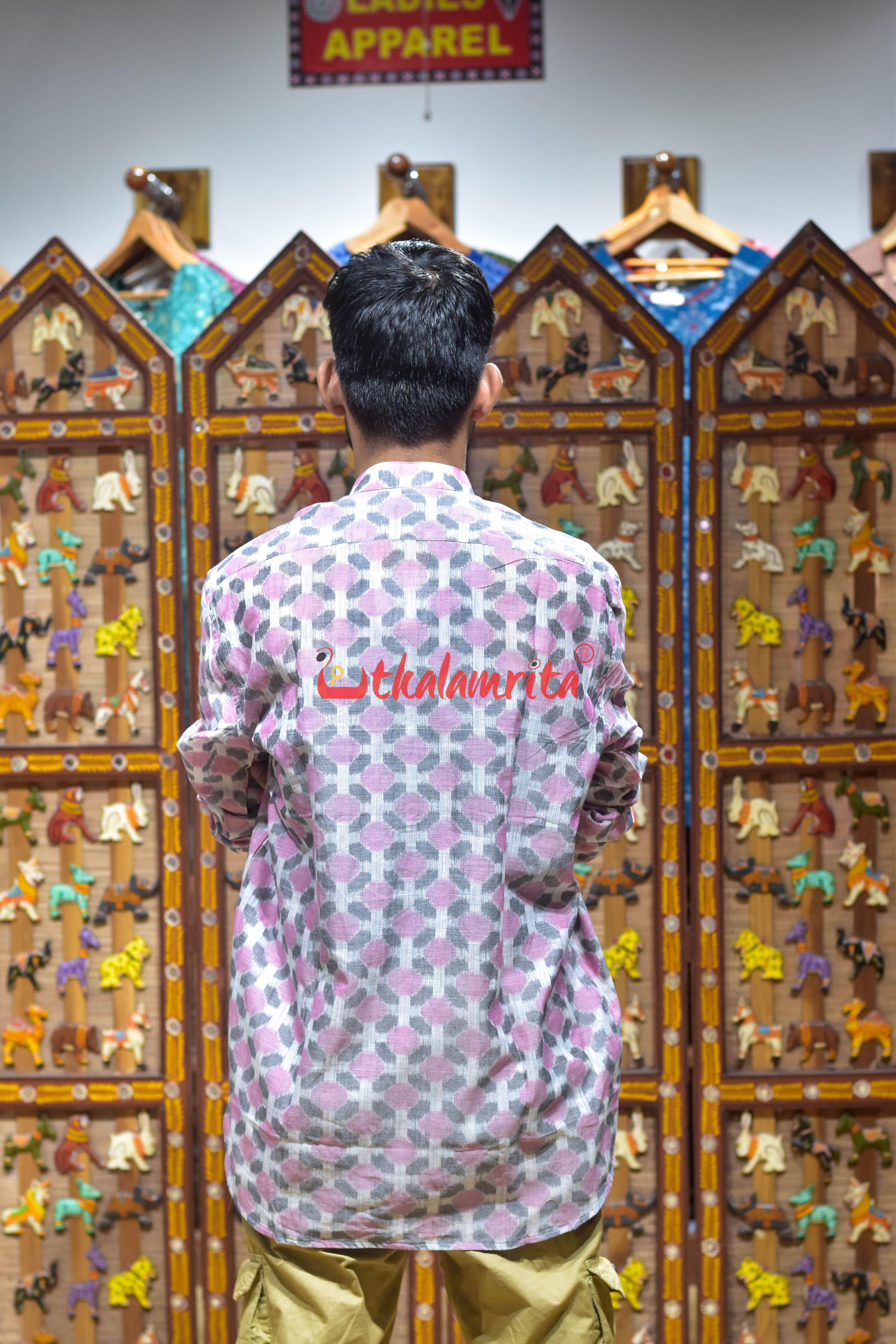 Grey Pink Flowers (Men's Short Kurta)