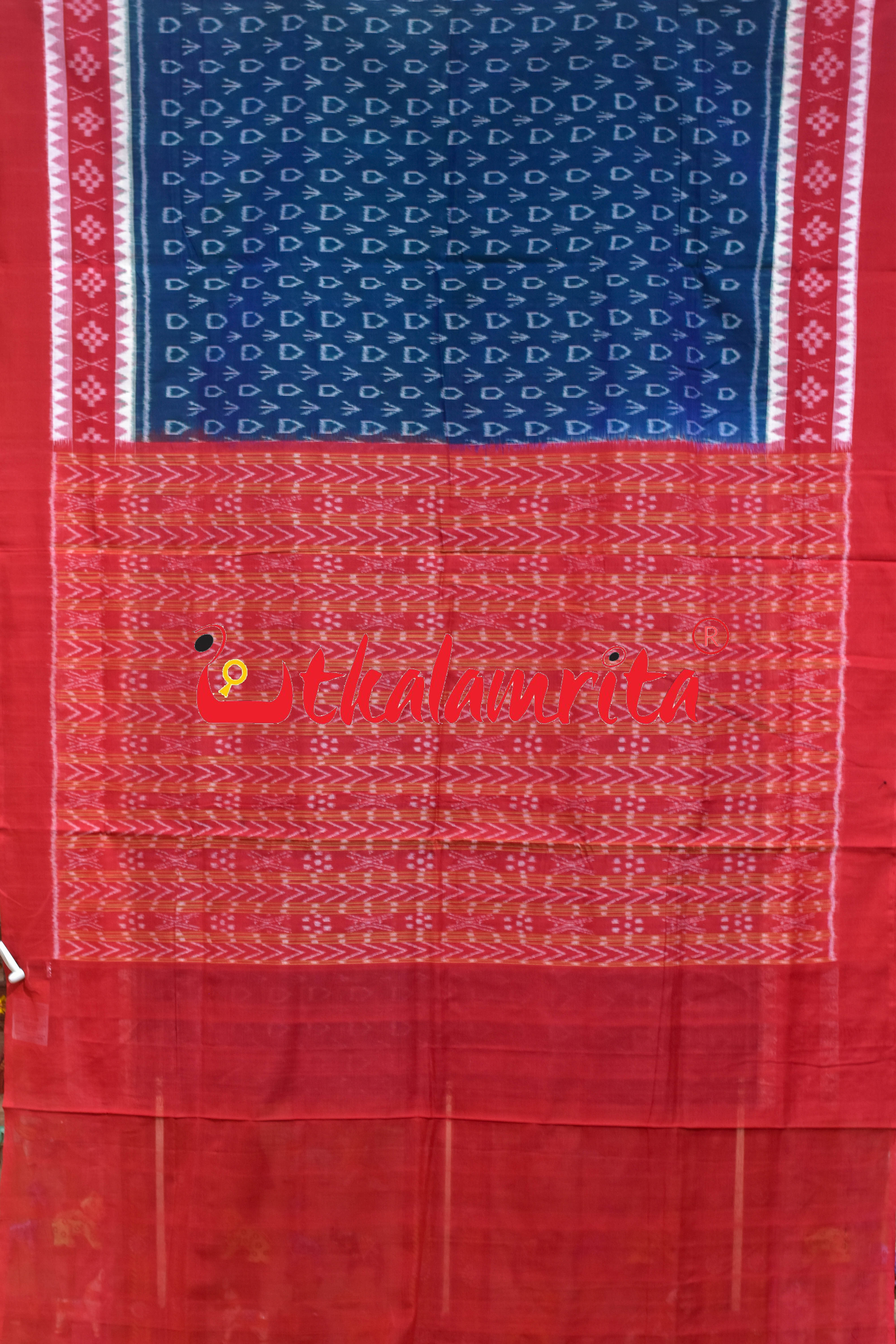 Teal Red Arrow Design Sambalpuri Cotton Saree