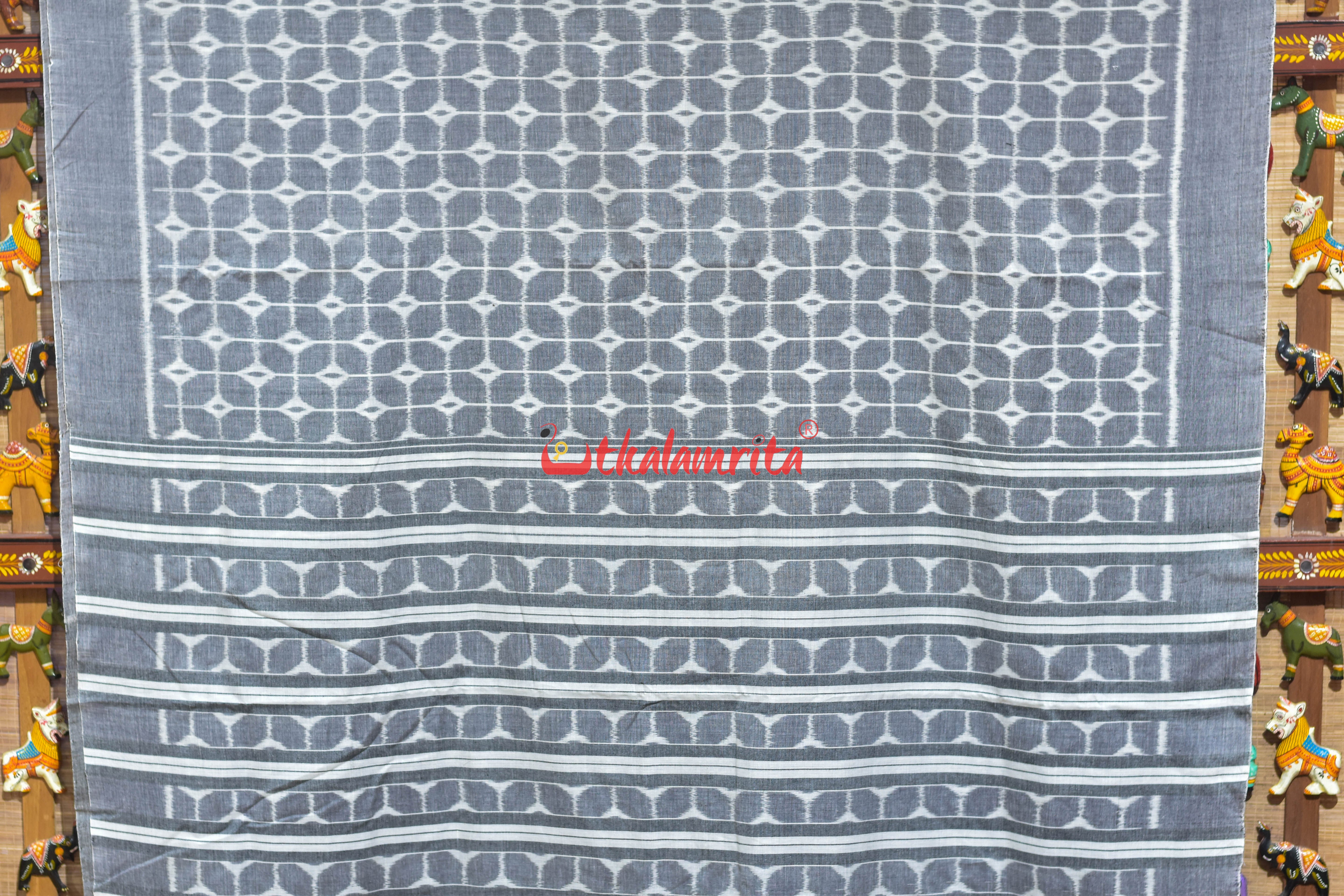 Grey Chessboard Thikiri Khandua Cotton Saree