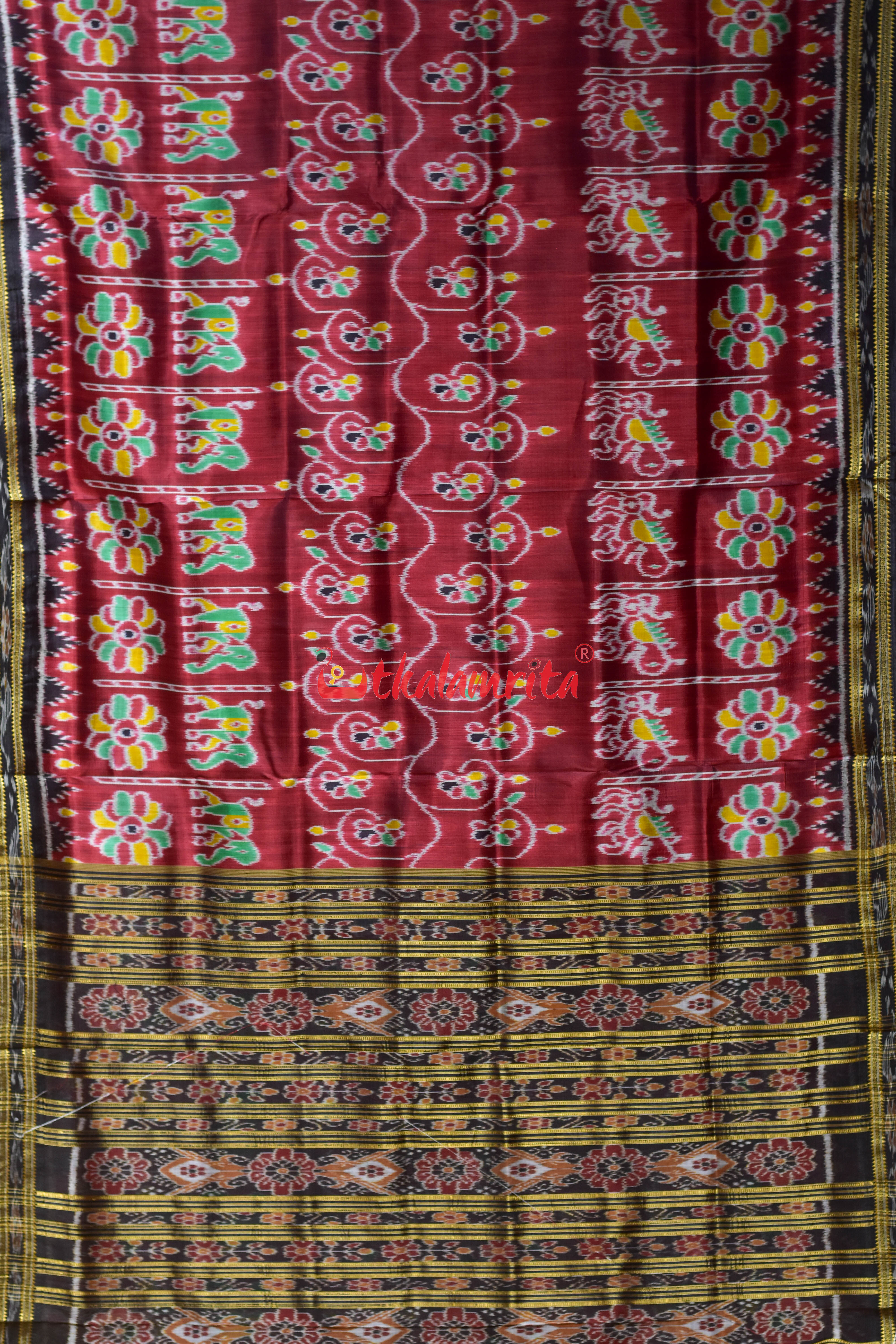 Maroon Elephant Khandua Silk Saree