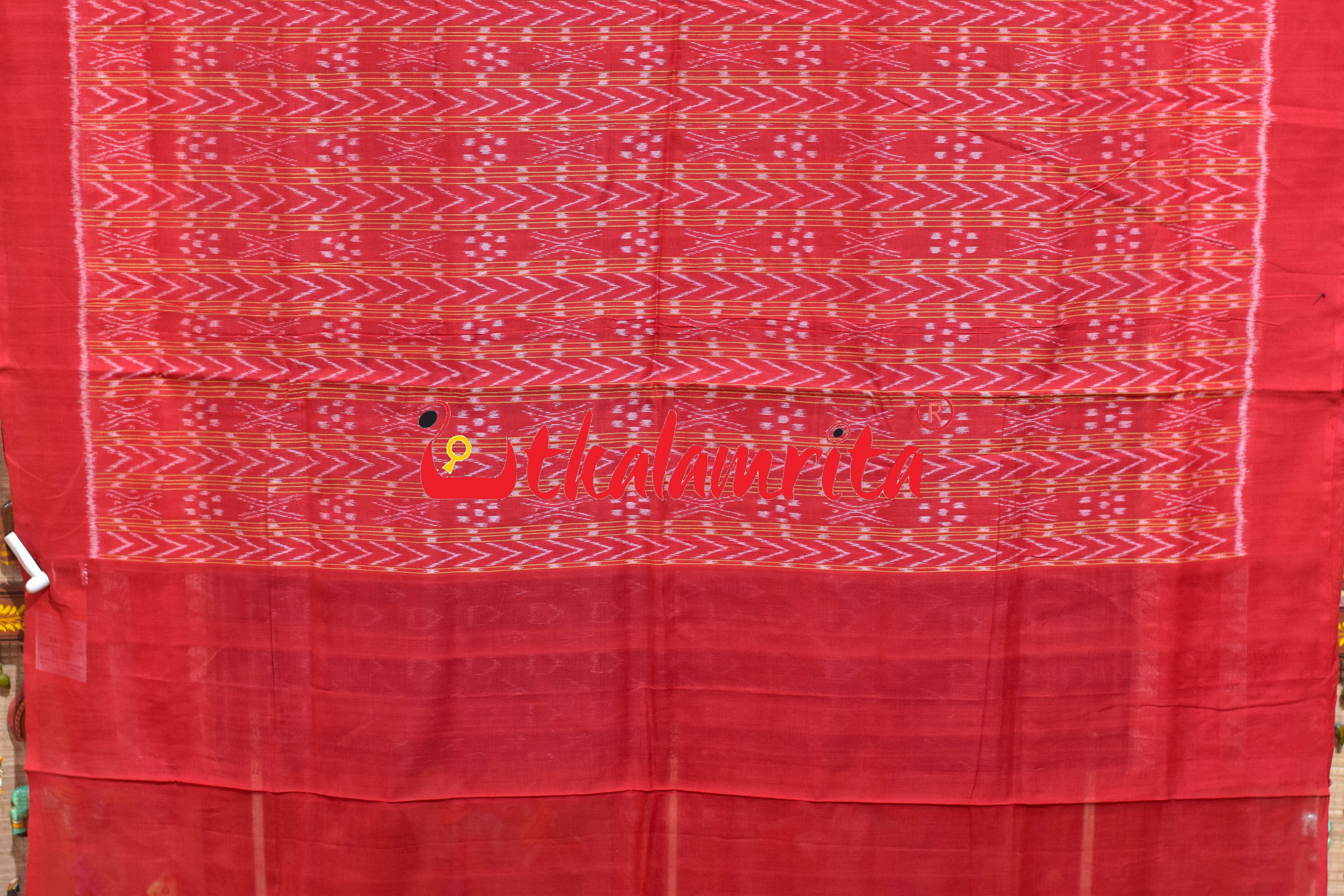 Teal Red Arrow Design Sambalpuri Cotton Saree