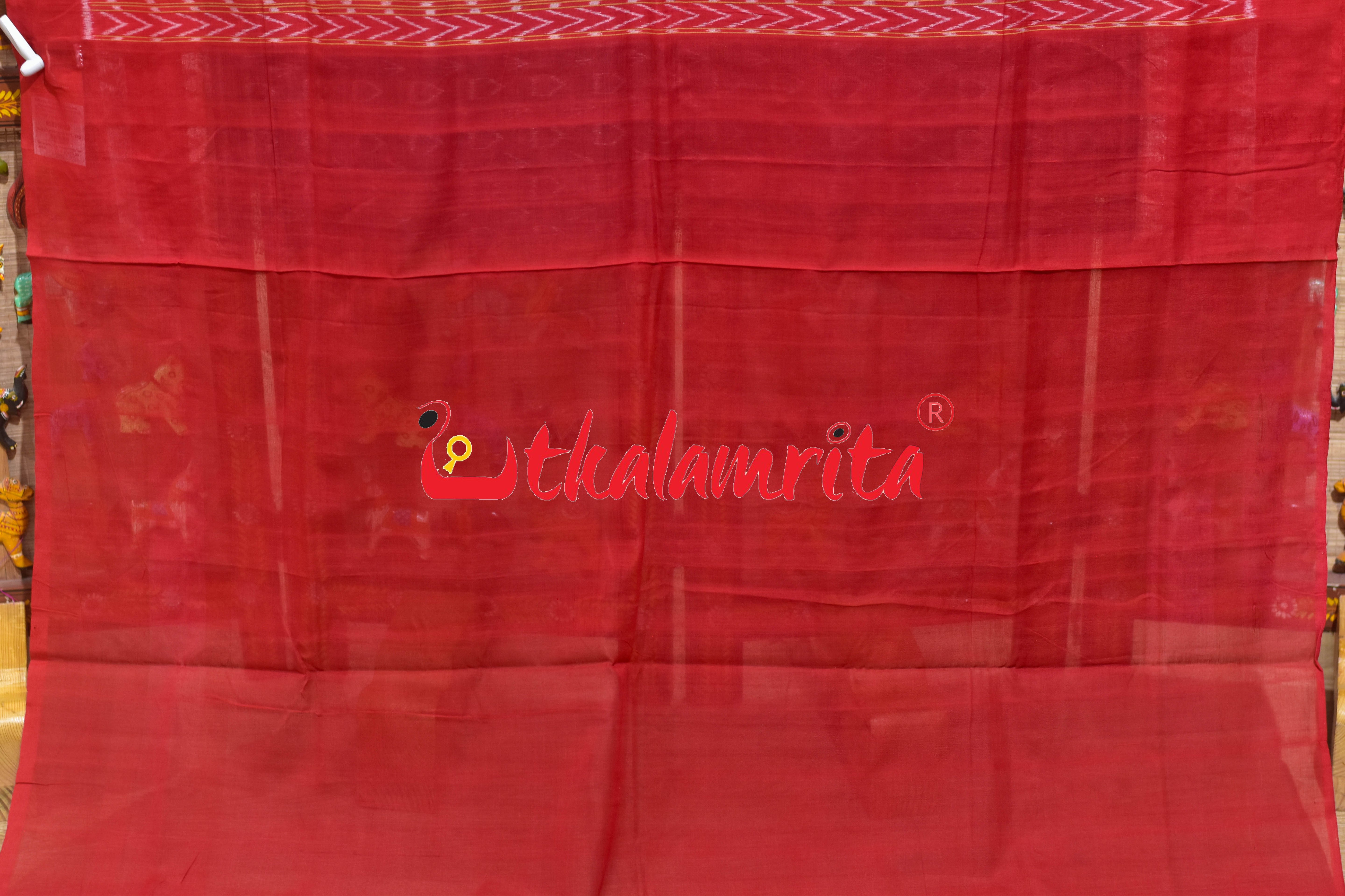 Teal Red Arrow Design Sambalpuri Cotton Saree