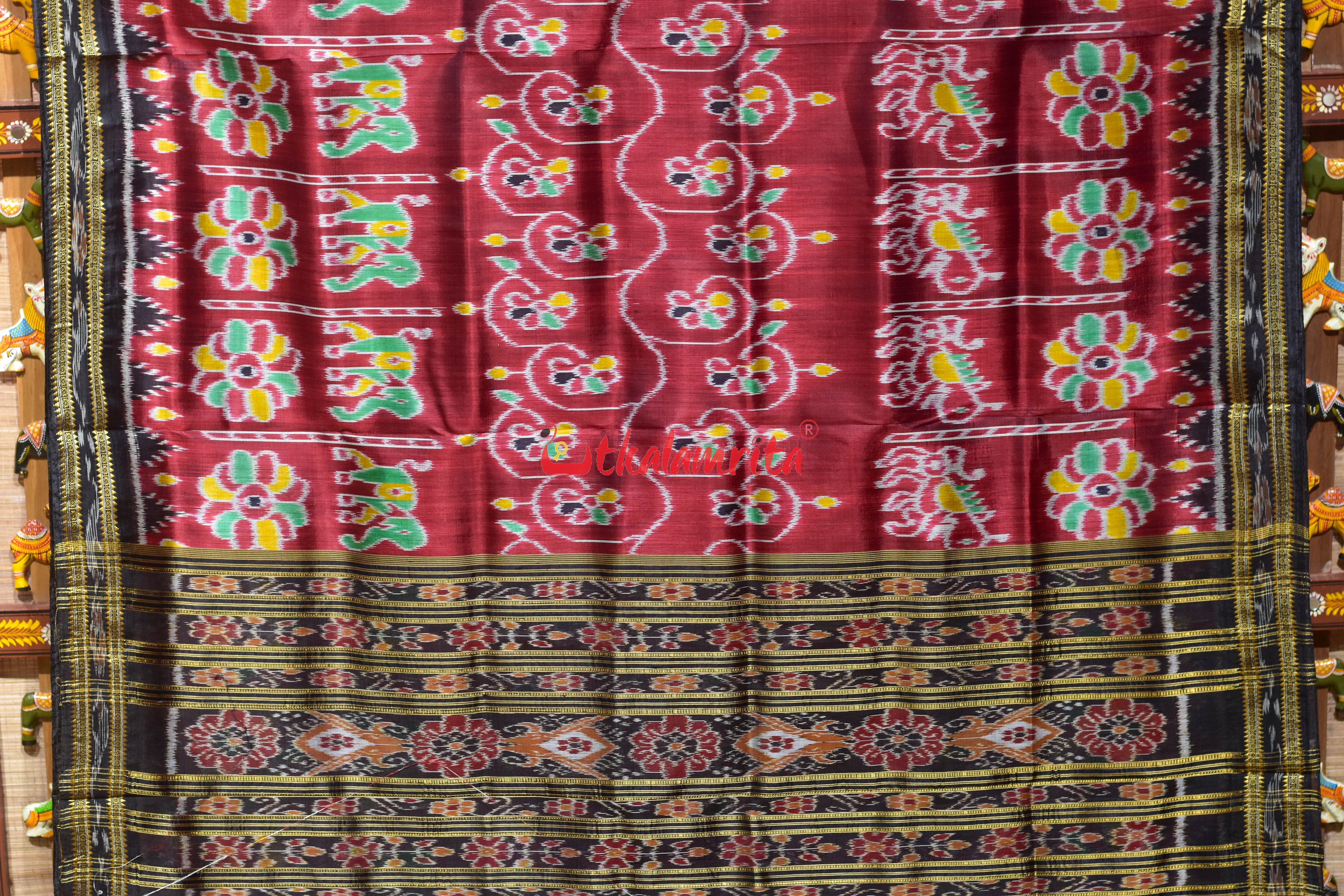 Maroon Elephant Khandua Silk Saree