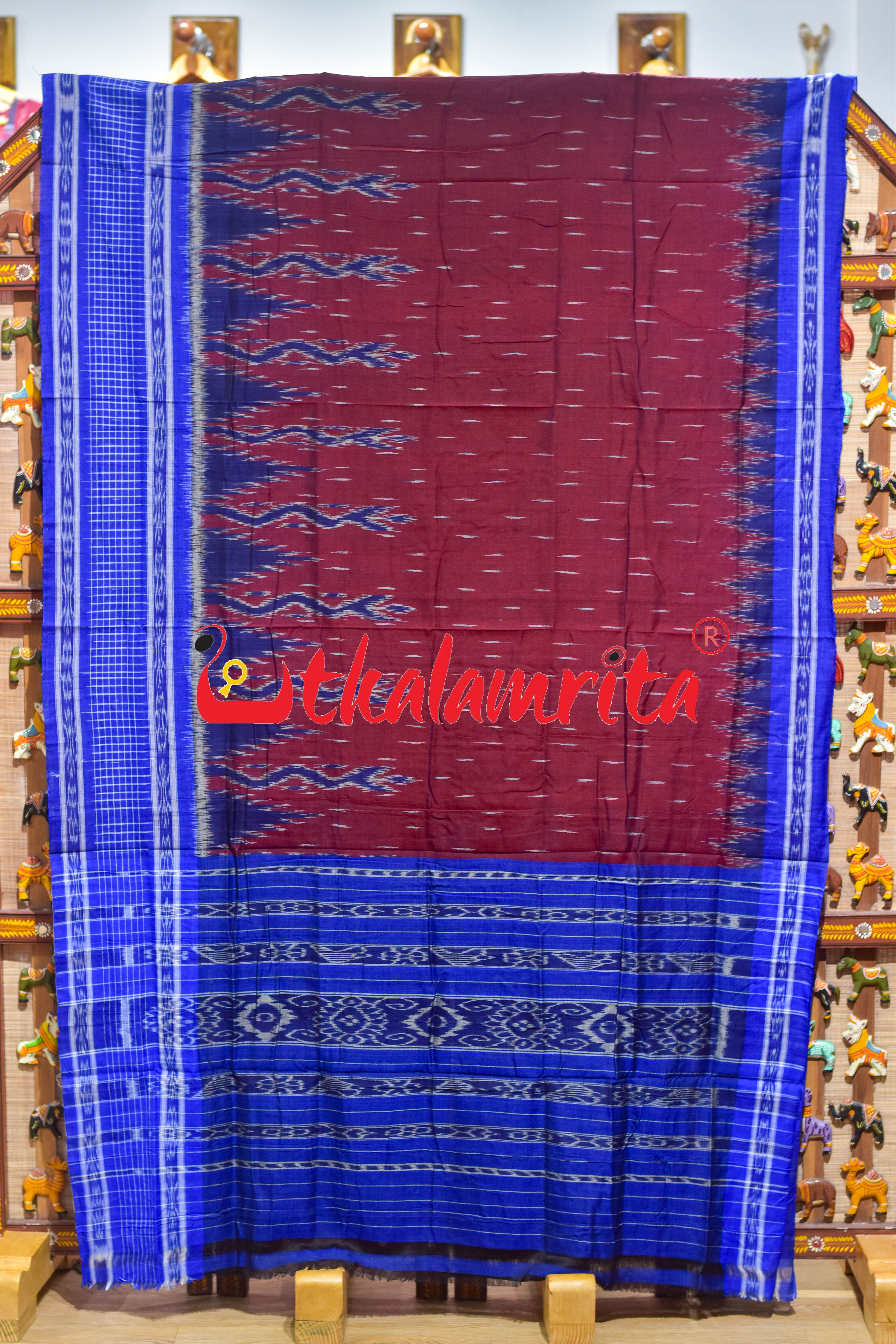 Maroon Blue Check Daali Scot Khandua Cotton Saree