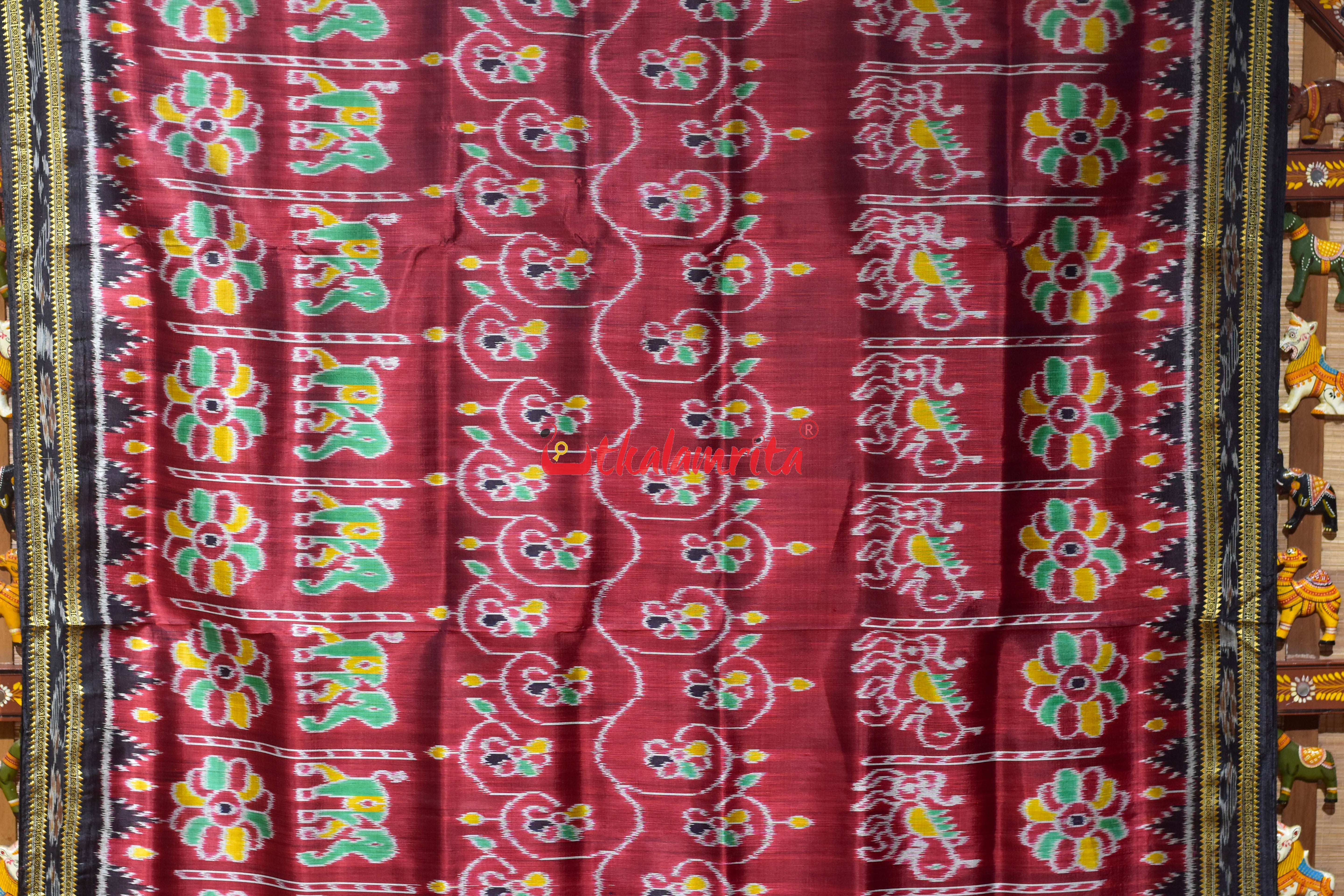 Maroon Elephant Khandua Silk Saree
