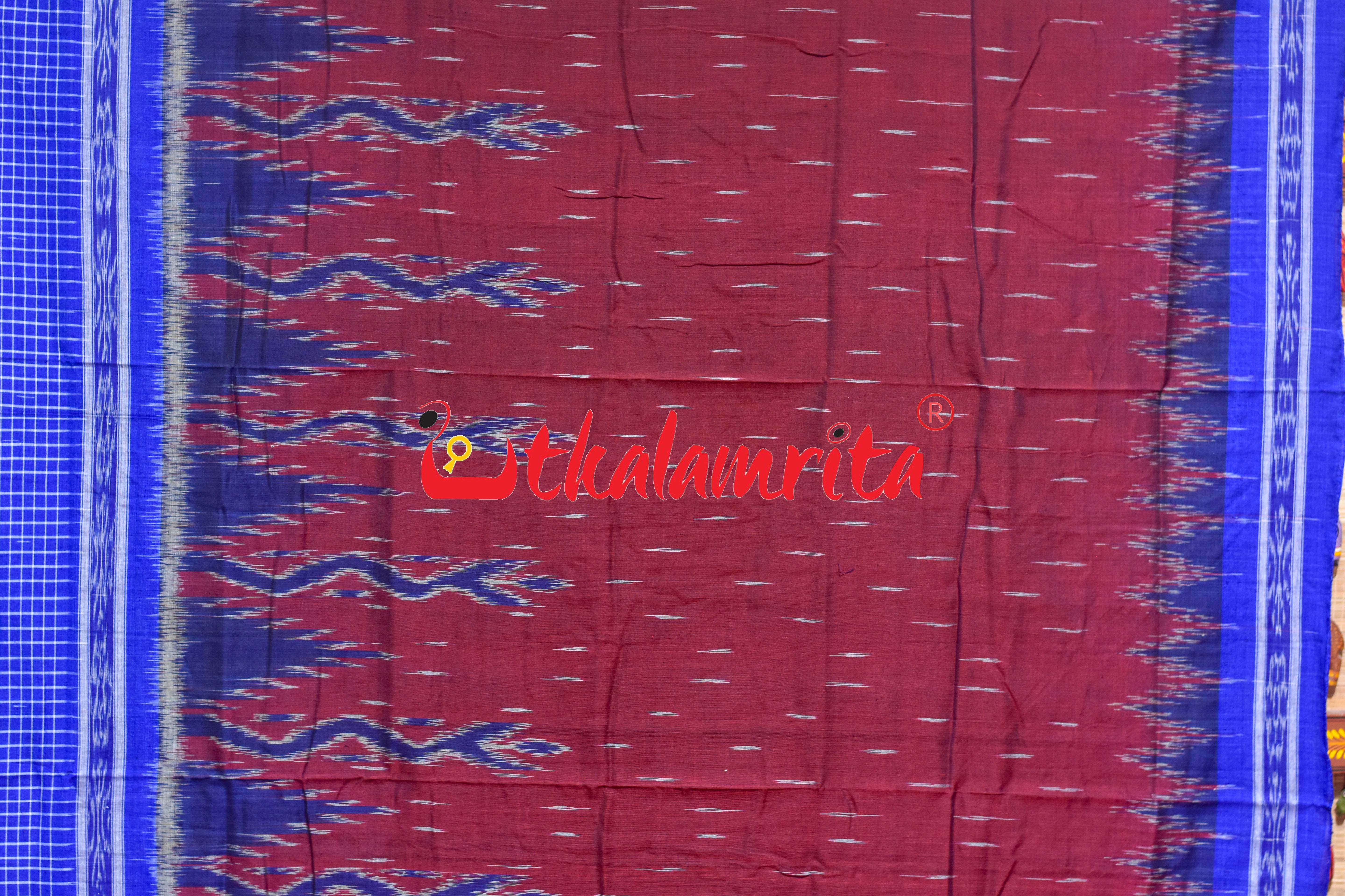 Maroon Blue Check Daali Scot Khandua Cotton Saree