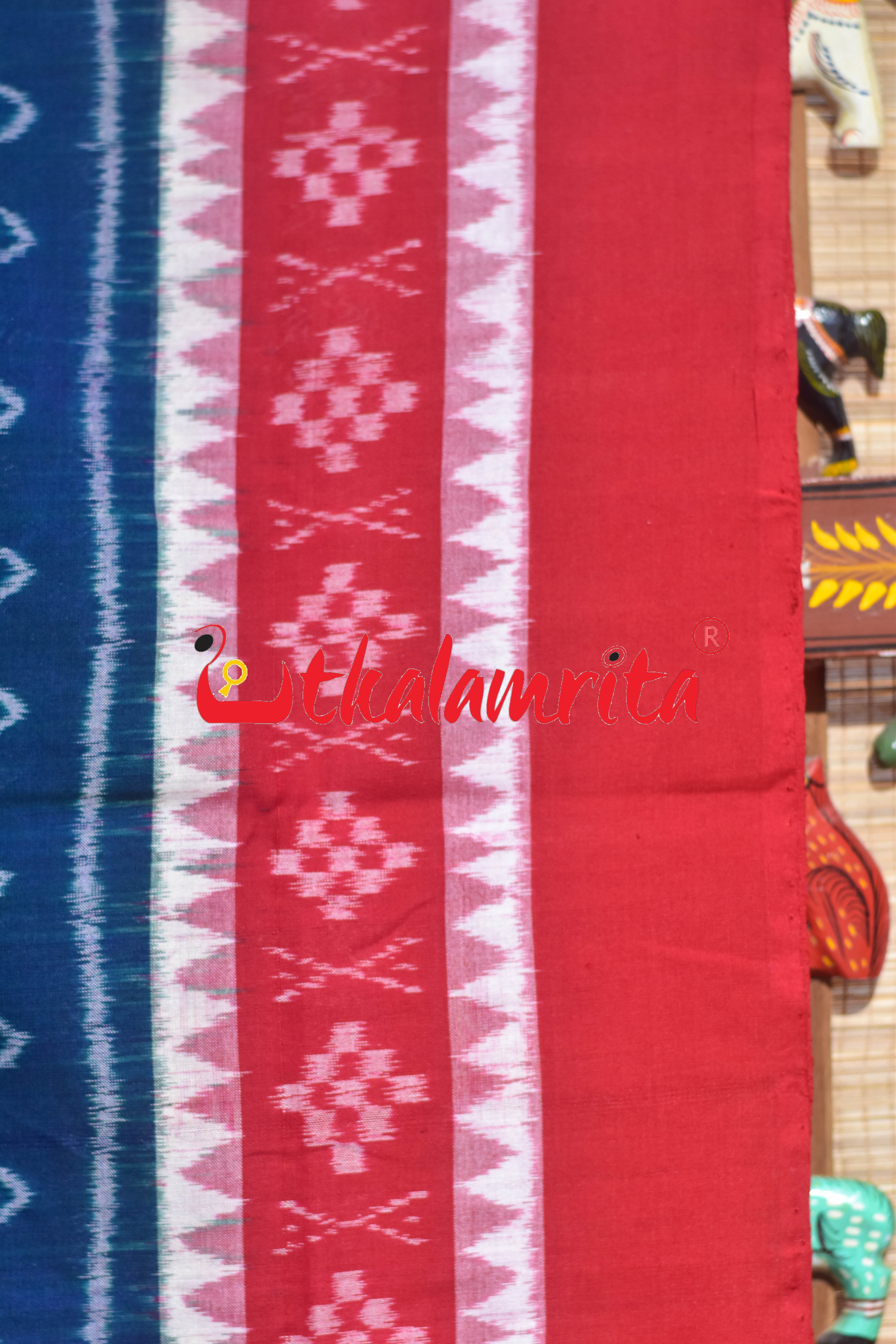 Teal Red Arrow Design Sambalpuri Cotton Saree