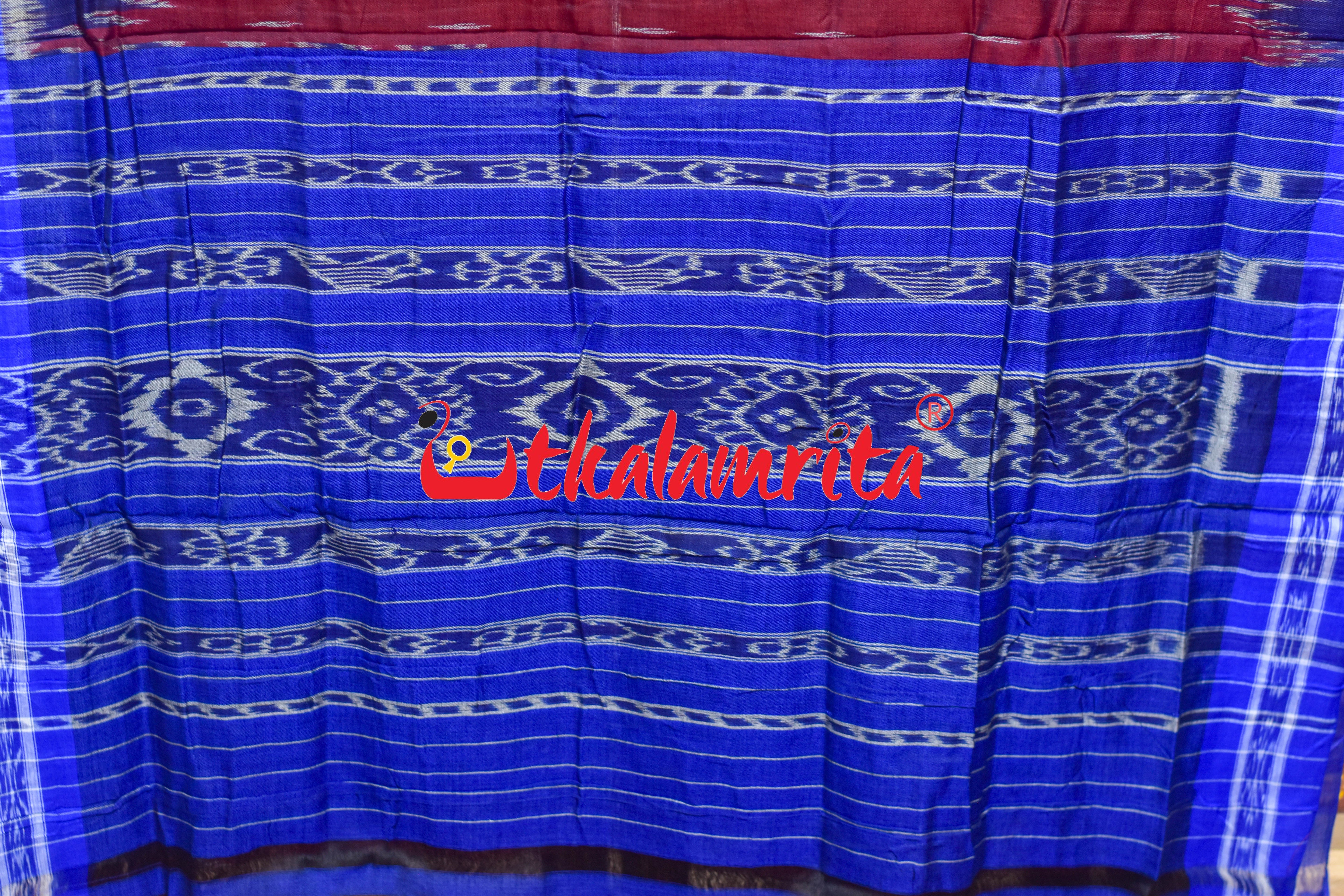 Maroon Blue Check Daali Scot Khandua Cotton Saree