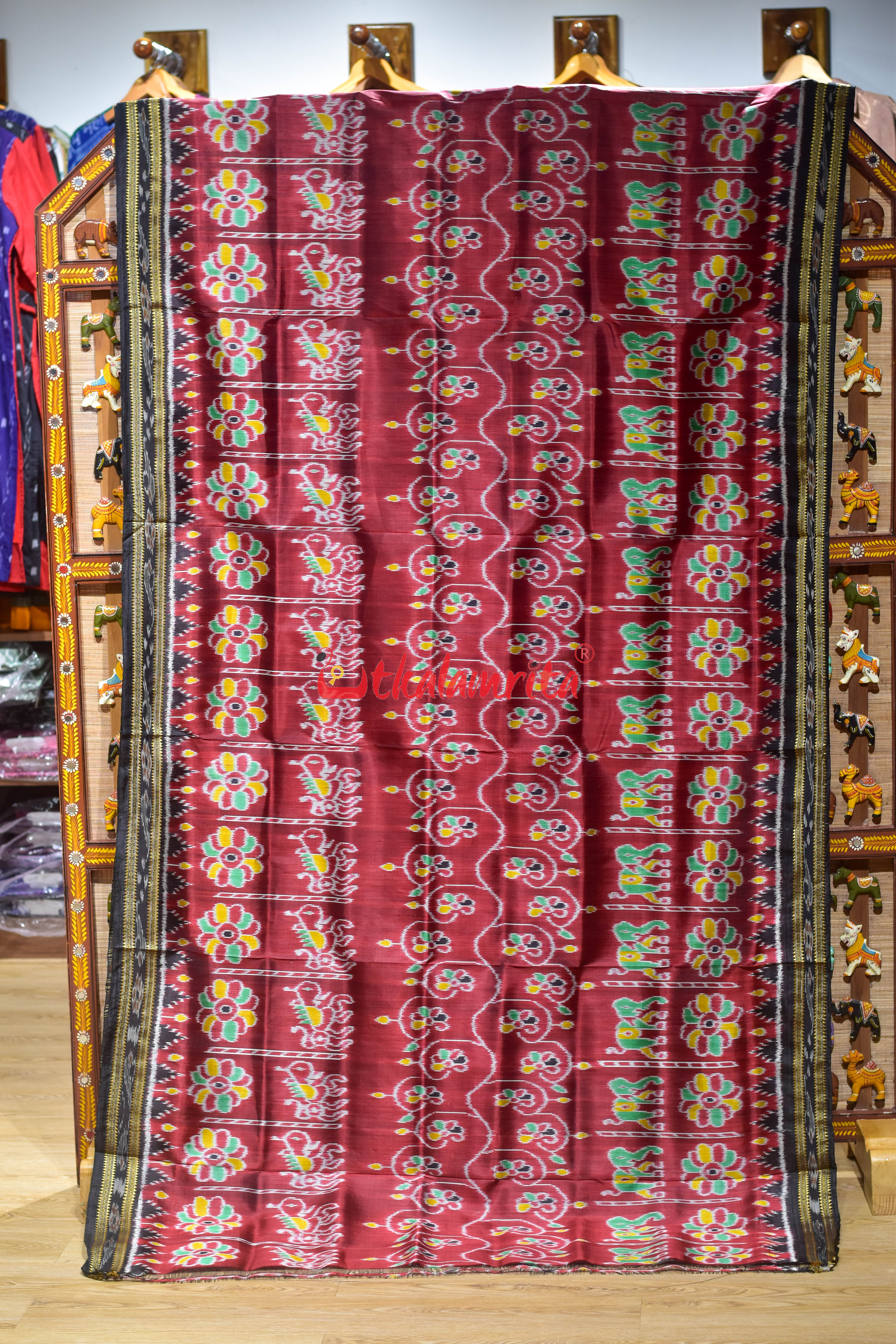 Maroon Elephant Khandua Silk Saree