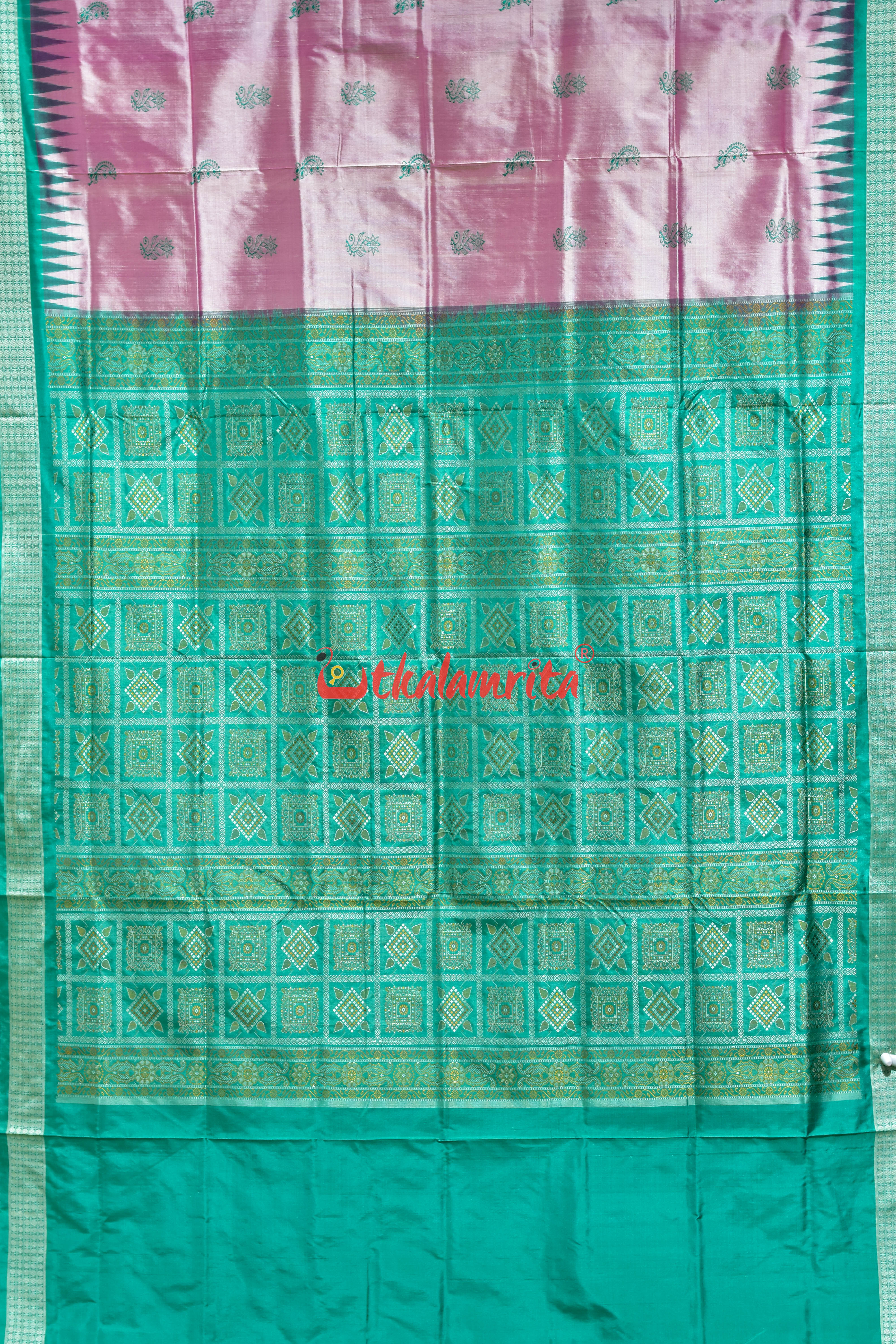 Light Pink Rama Green Border Bomkai Silk Saree