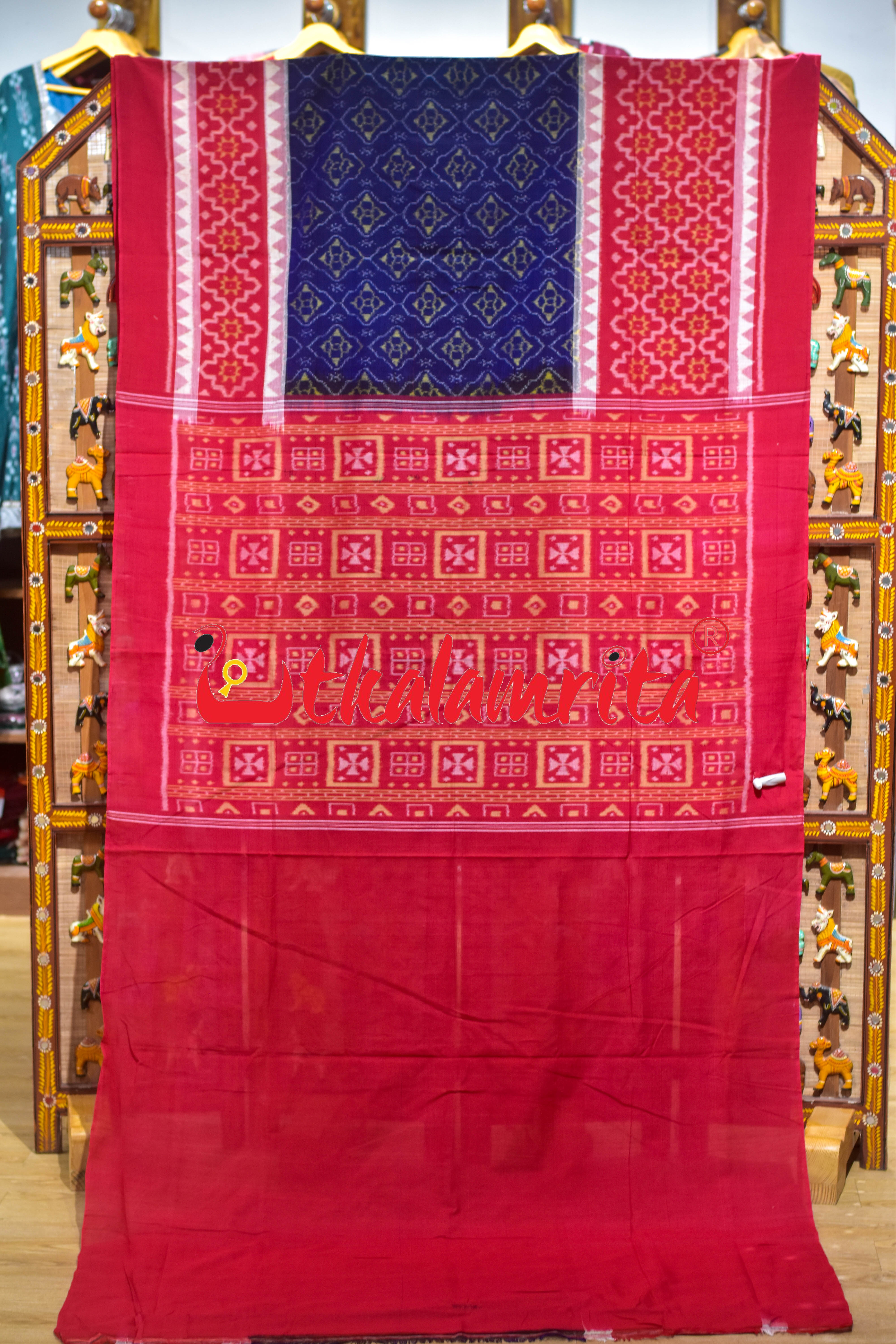 Blue Red Big Flower Sambalpuri Cotton Saree
