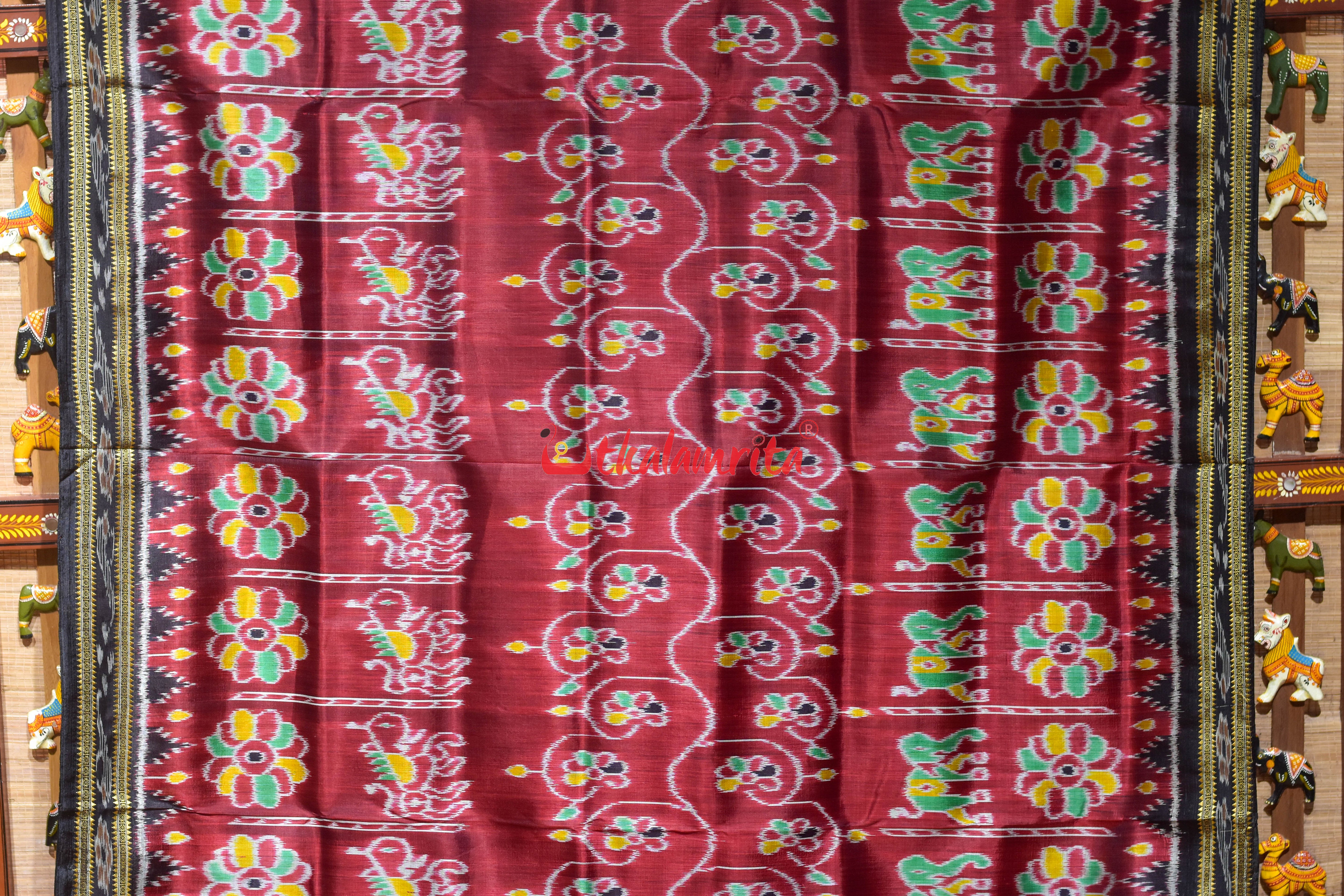 Maroon Elephant Khandua Silk Saree