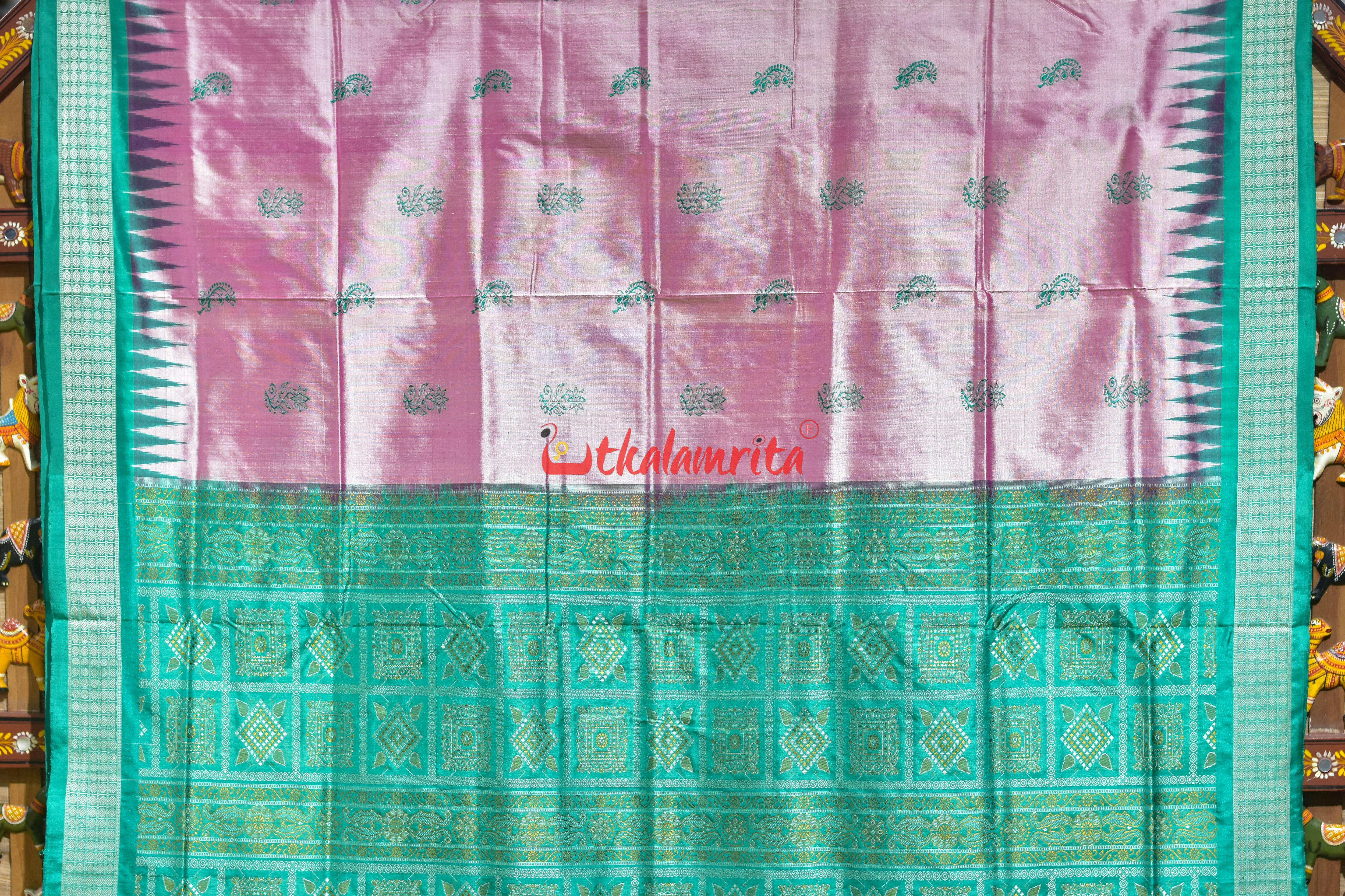 Light Pink Rama Green Border Bomkai Silk Saree