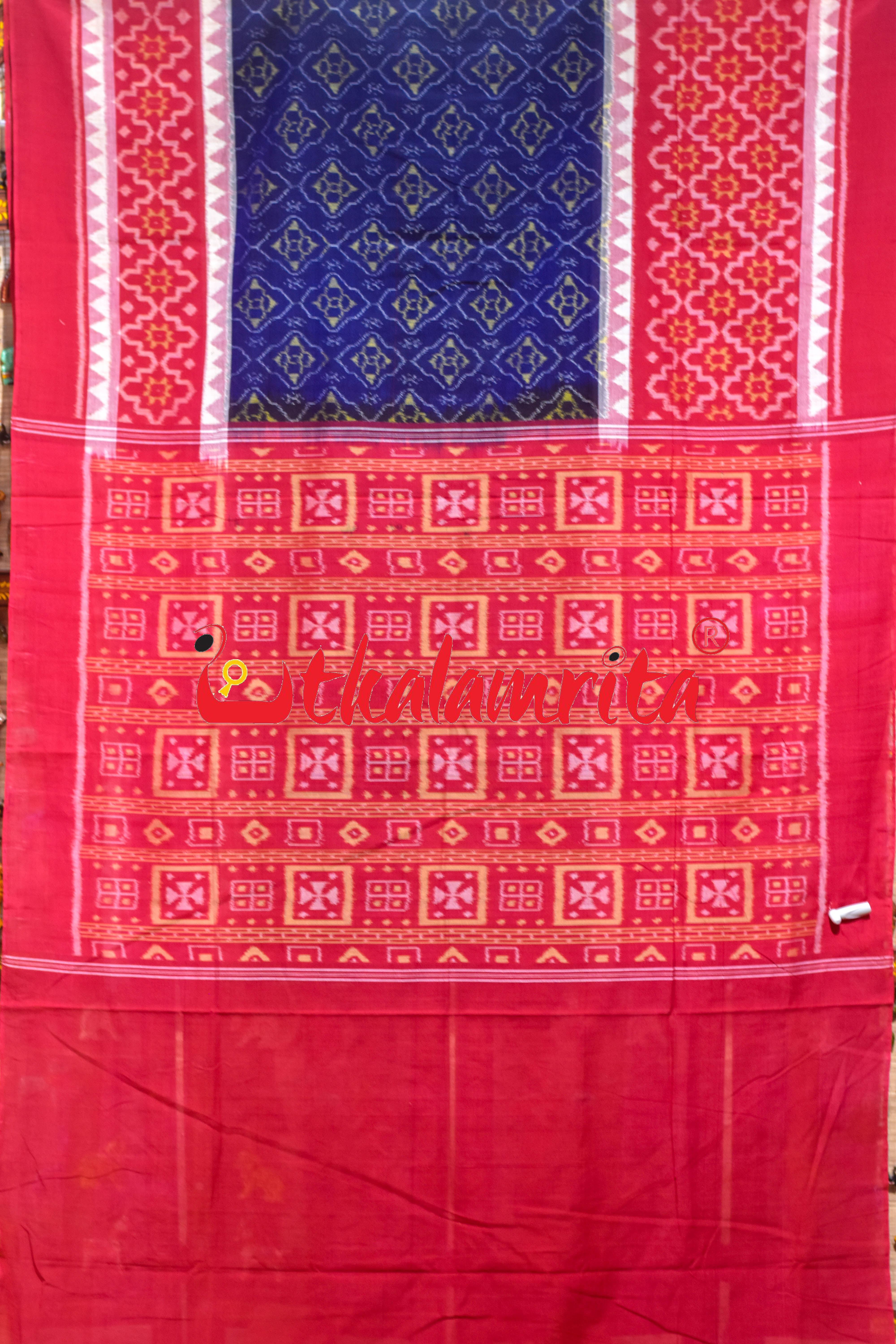 Blue Red Big Flower Sambalpuri Cotton Saree