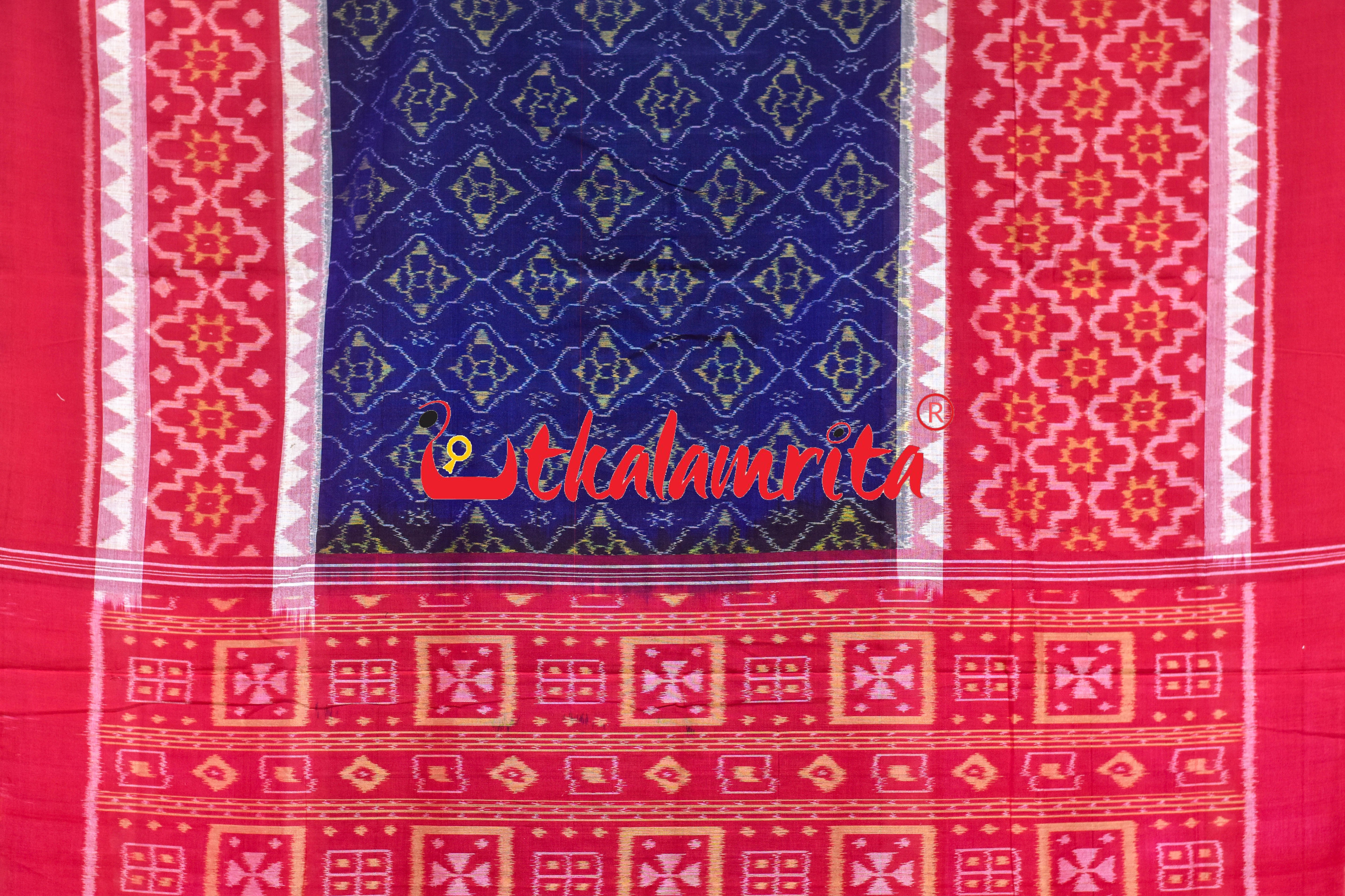 Blue Red Big Flower Sambalpuri Cotton Saree