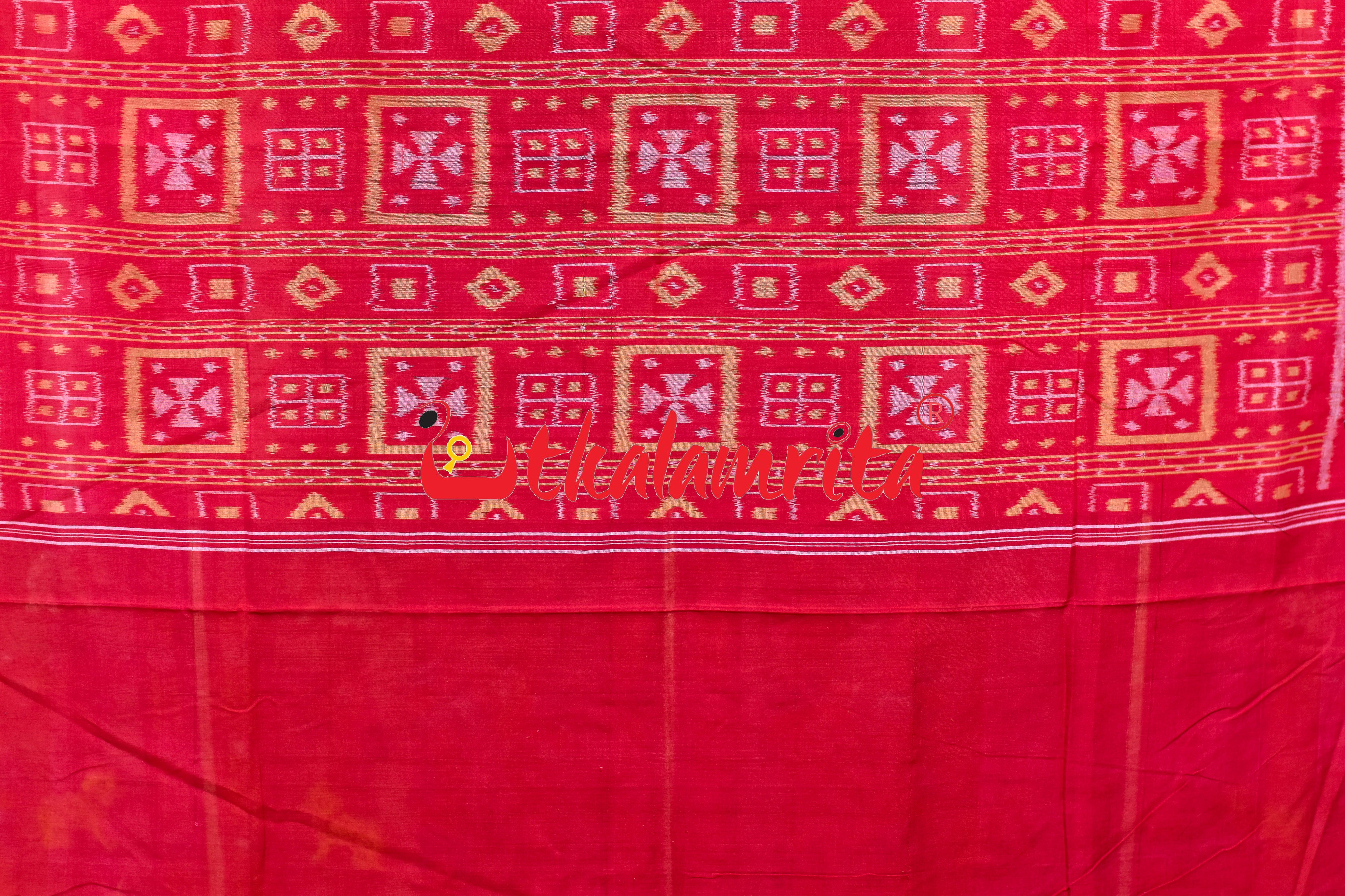 Blue Red Big Flower Sambalpuri Cotton Saree