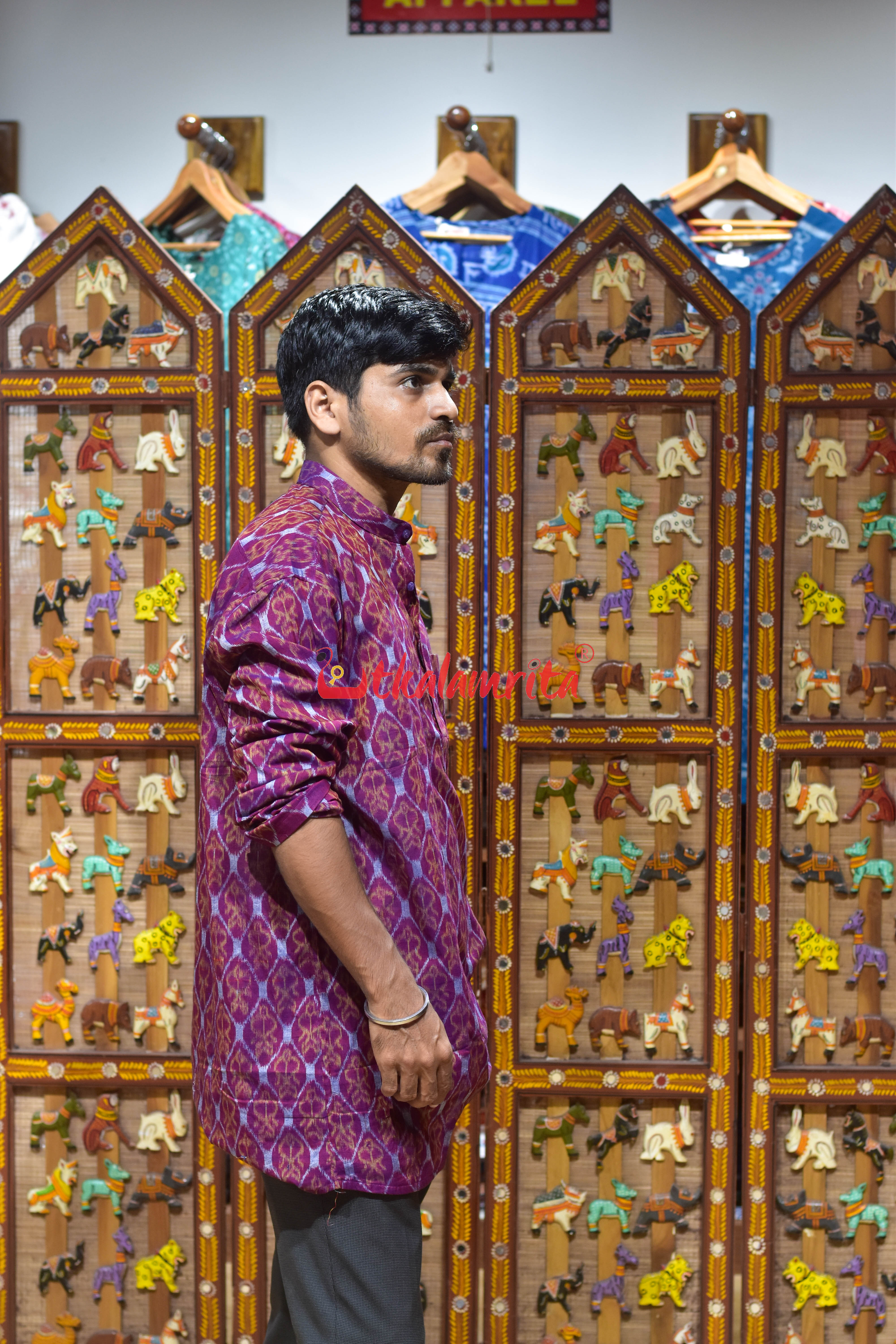 Golden Jet Over Magenta (Men's Short Kurta)