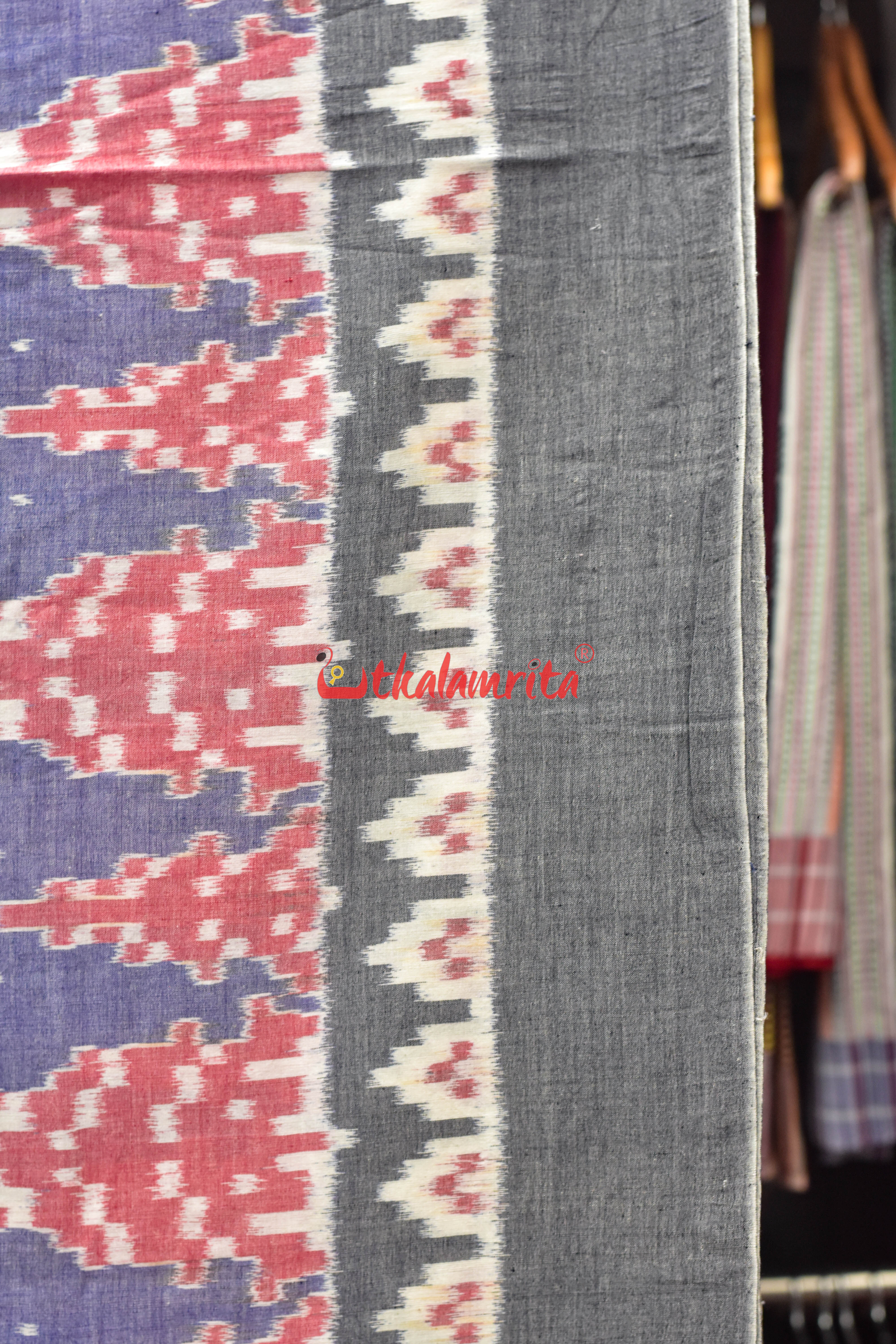 Light Blue Grey Border Ikat Cotton Saree