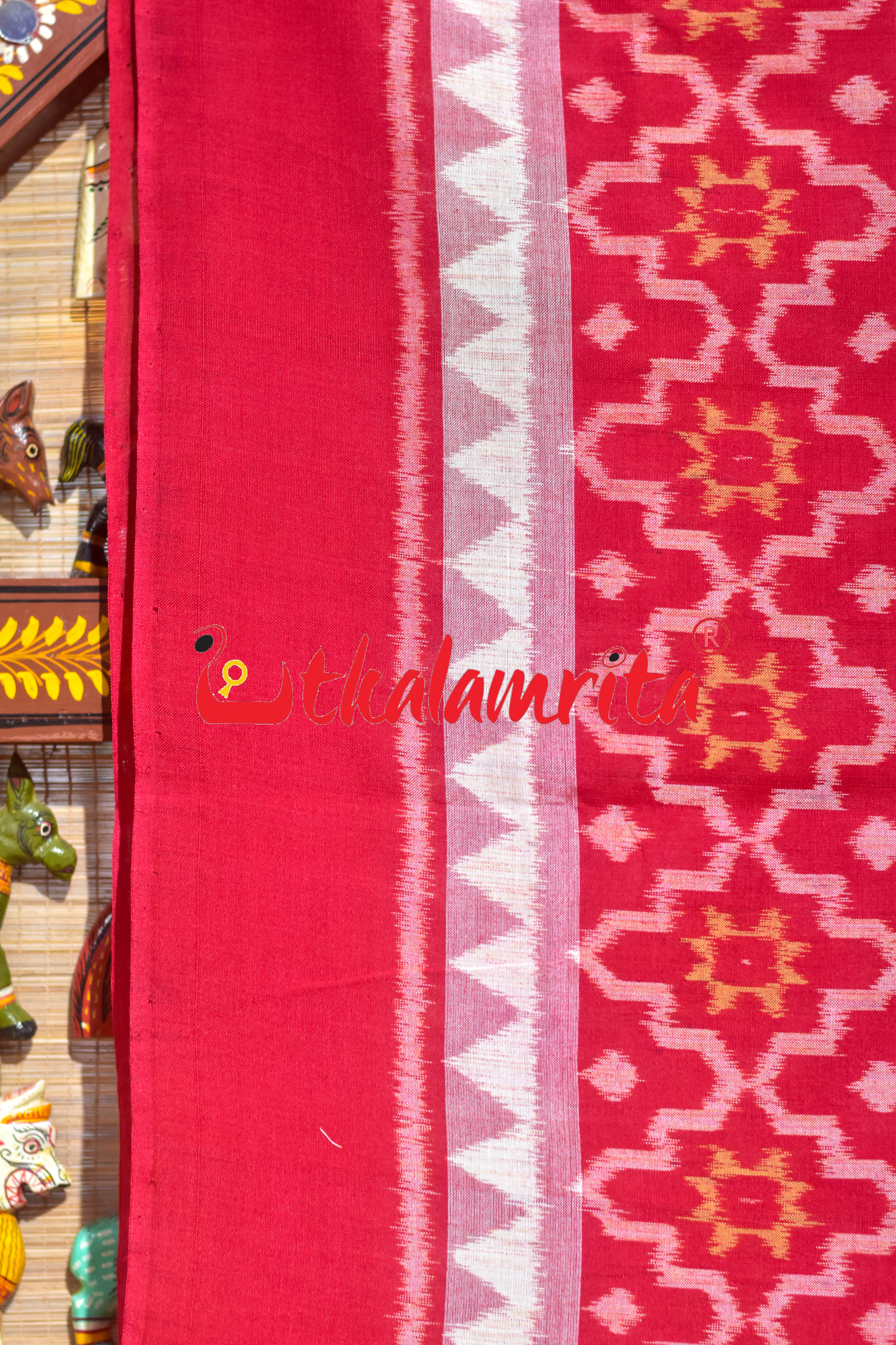 Blue Red Big Flower Sambalpuri Cotton Saree