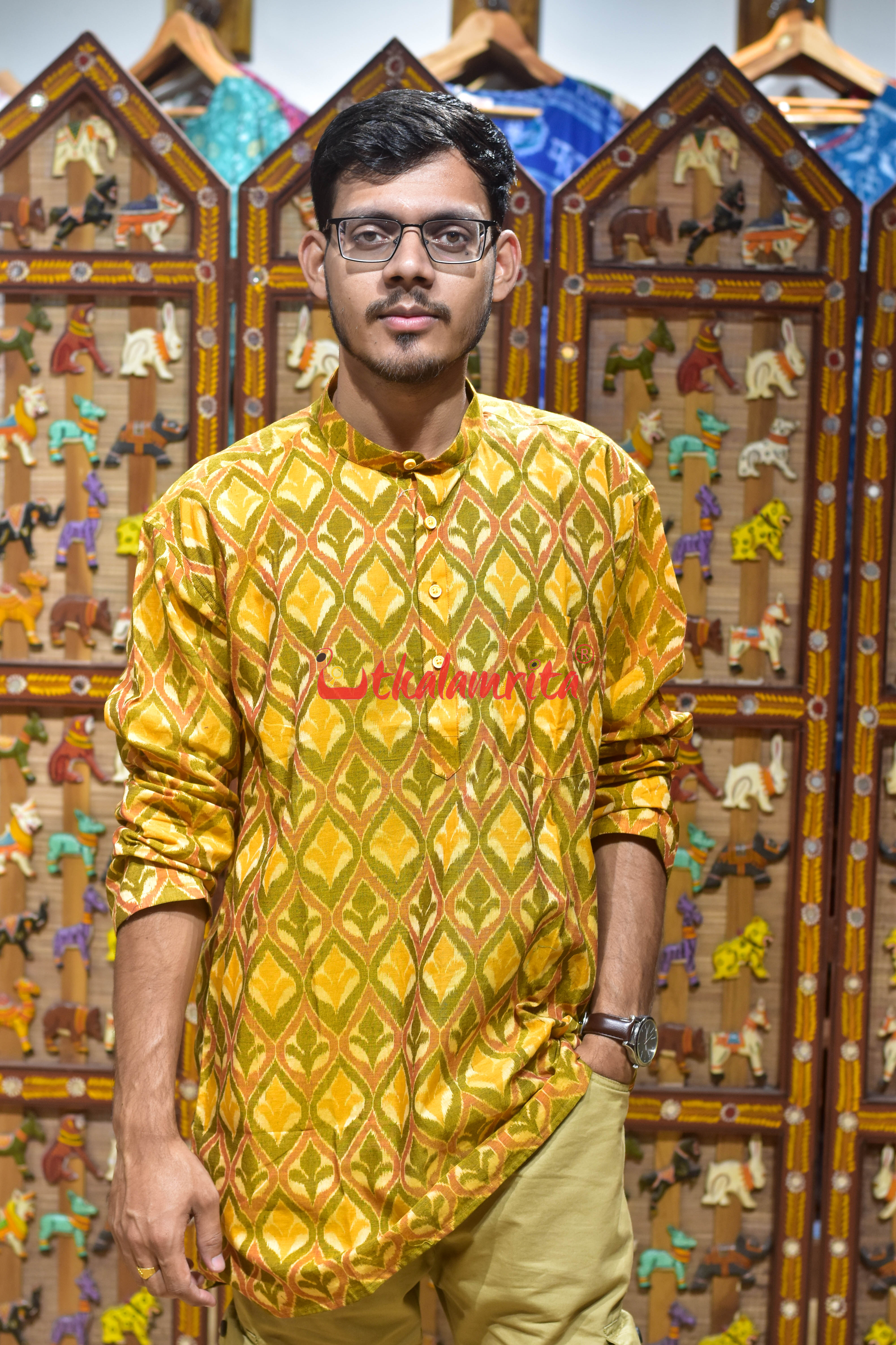 Mustard Yellow Flower Design (Men's Short Kurta)