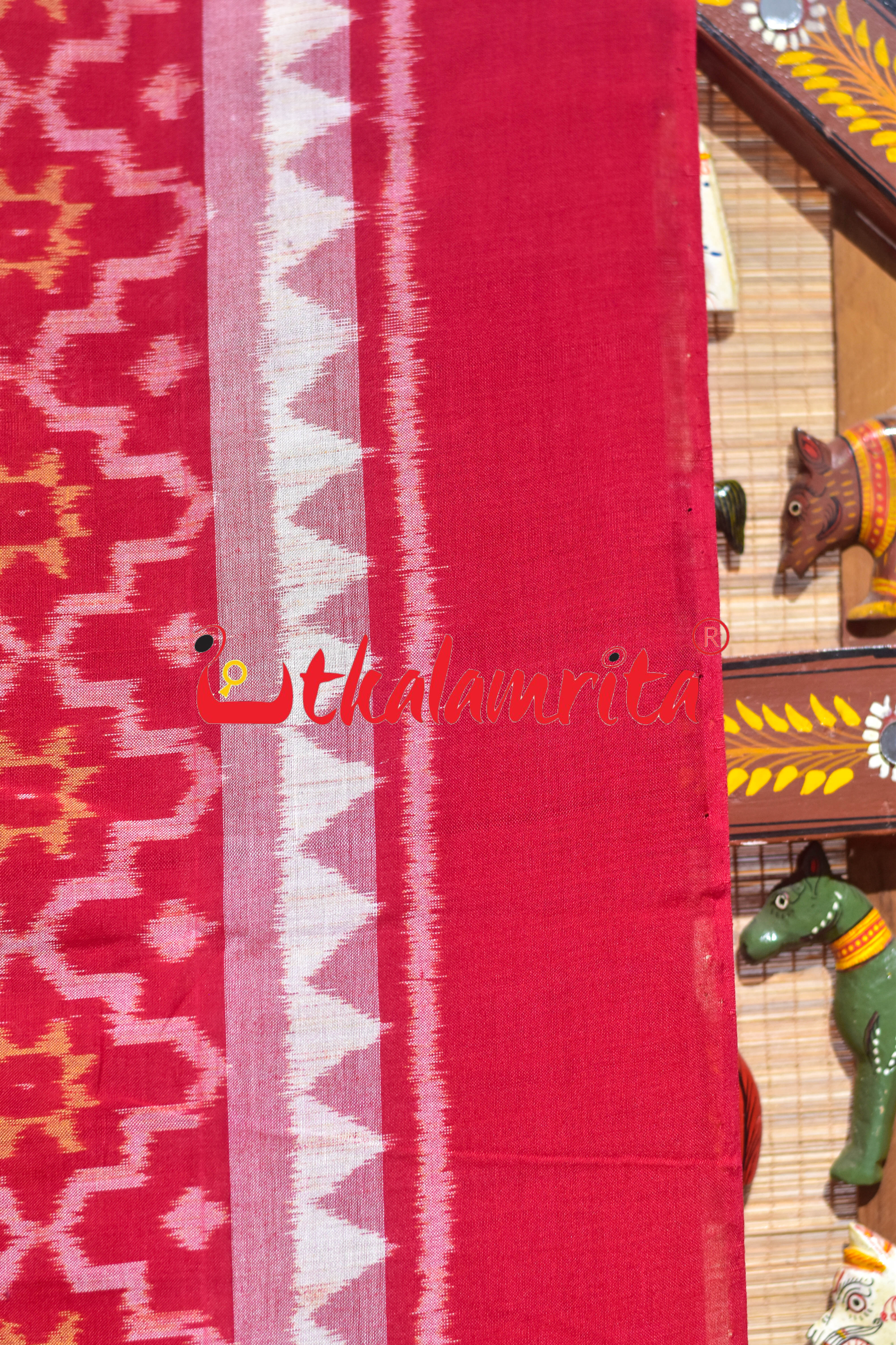 Blue Red Big Flower Sambalpuri Cotton Saree