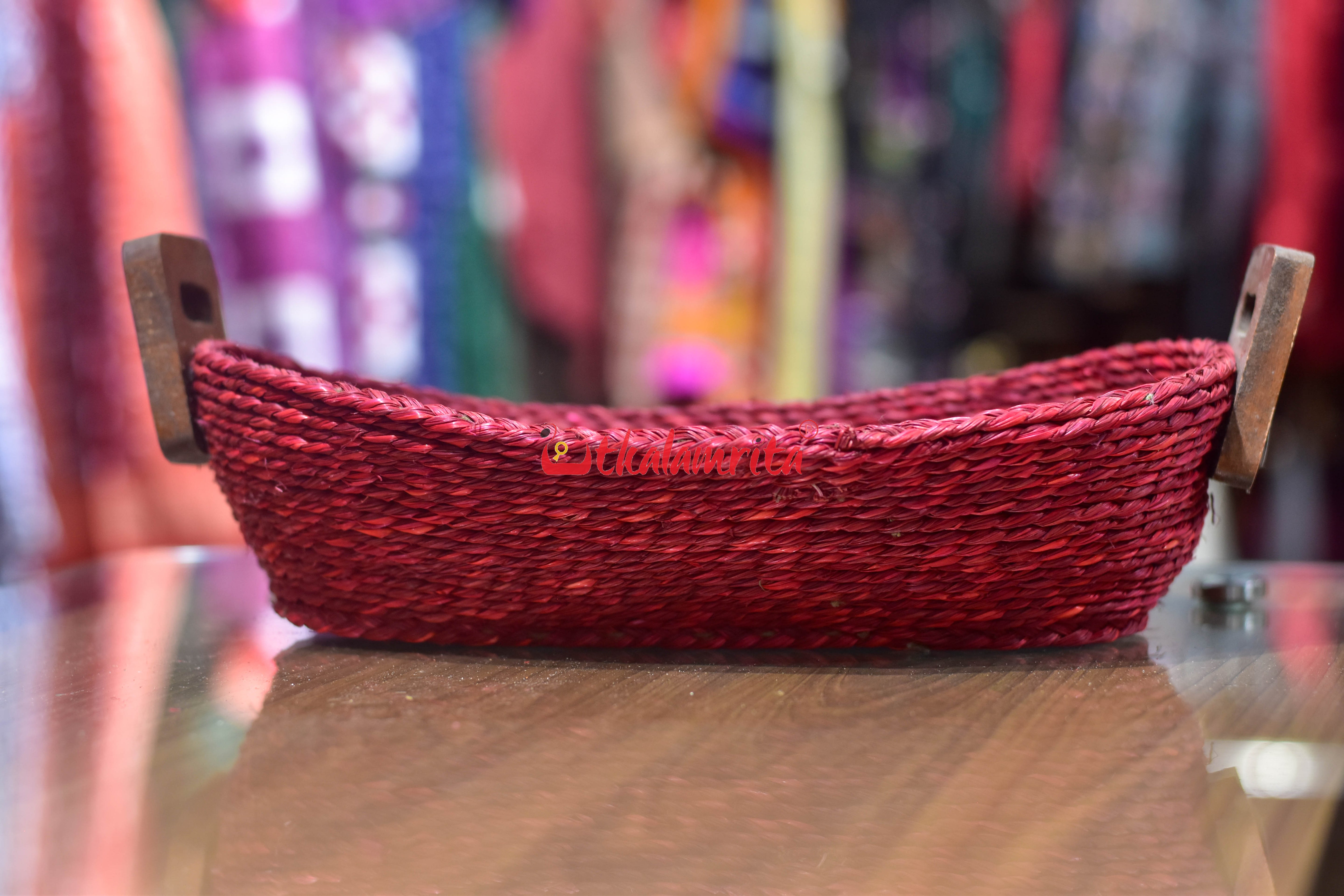 Sabai Grass Bread Basket with Wooden Handle (Maroon Color)- Small