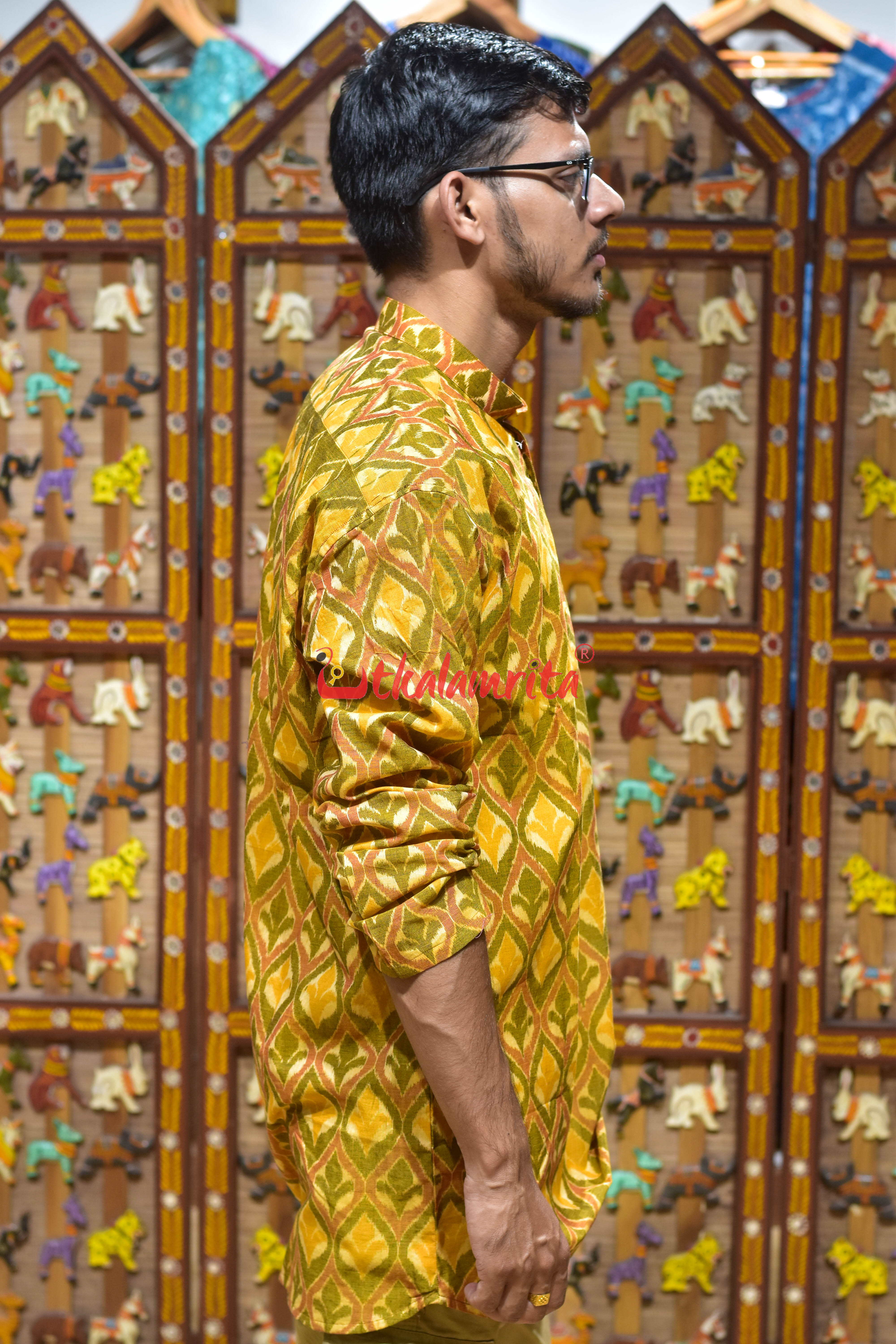 Mustard Yellow Flower Design (Men's Short Kurta)