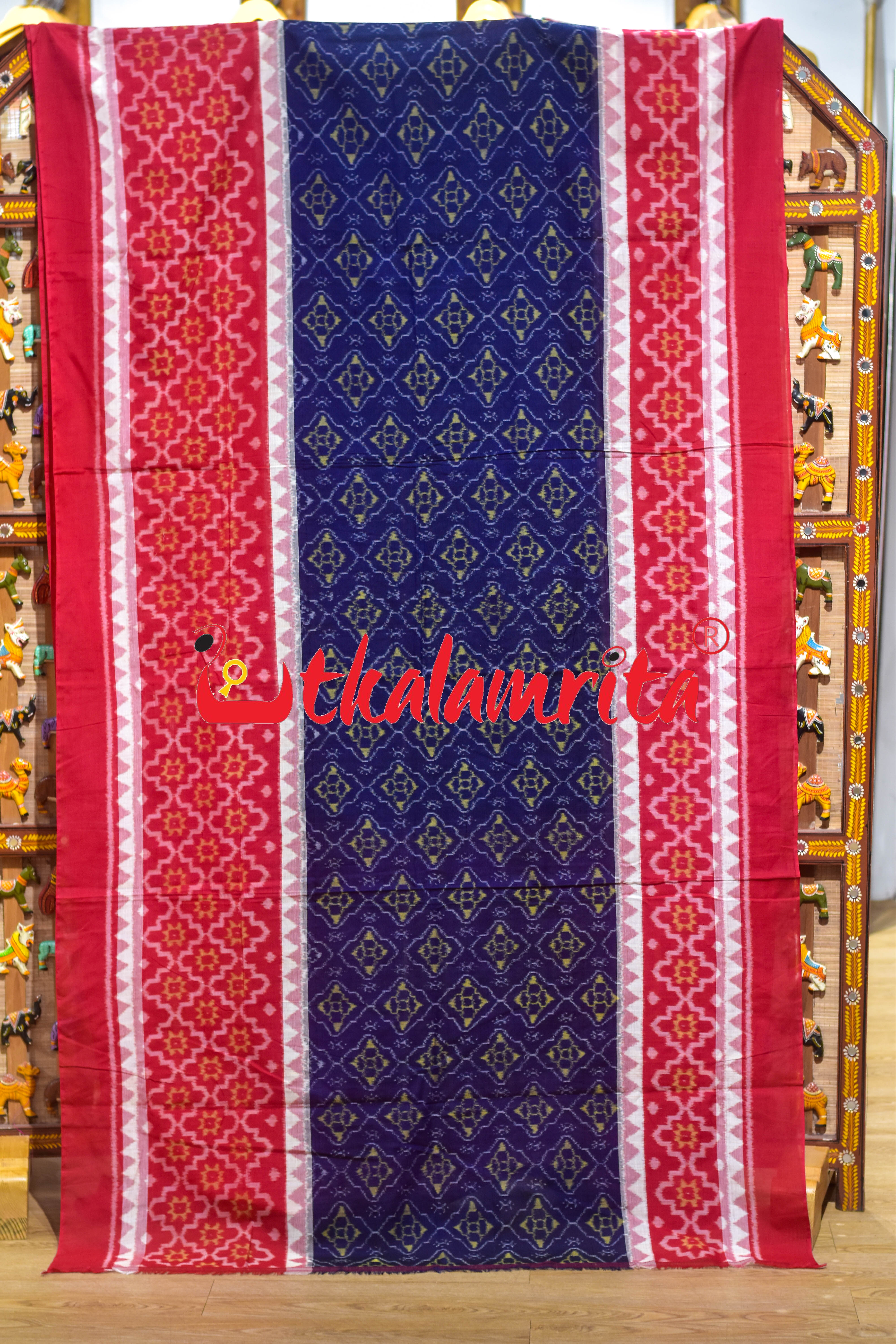 Blue Red Big Flower Sambalpuri Cotton Saree