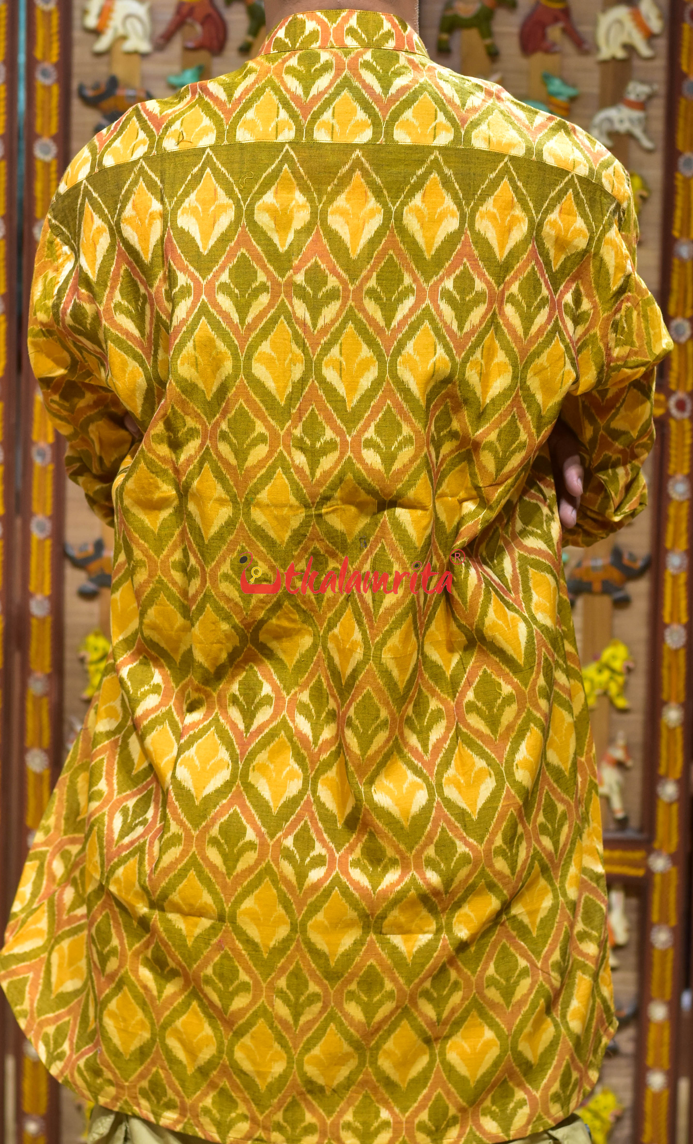 Mustard Yellow Flower Design (Men's Short Kurta)
