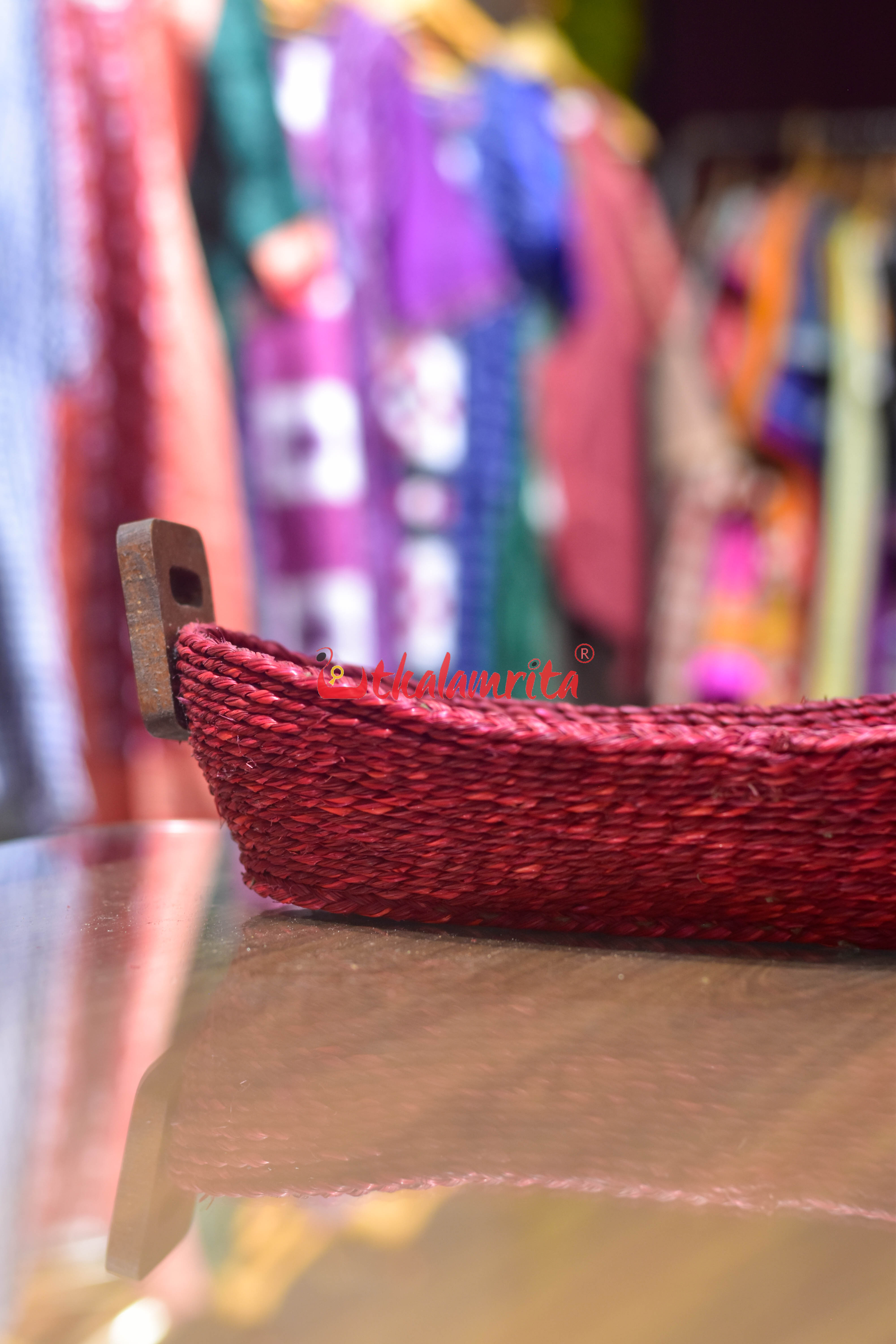 Sabai Grass Bread Basket with Wooden Handle (Maroon Color)- Small