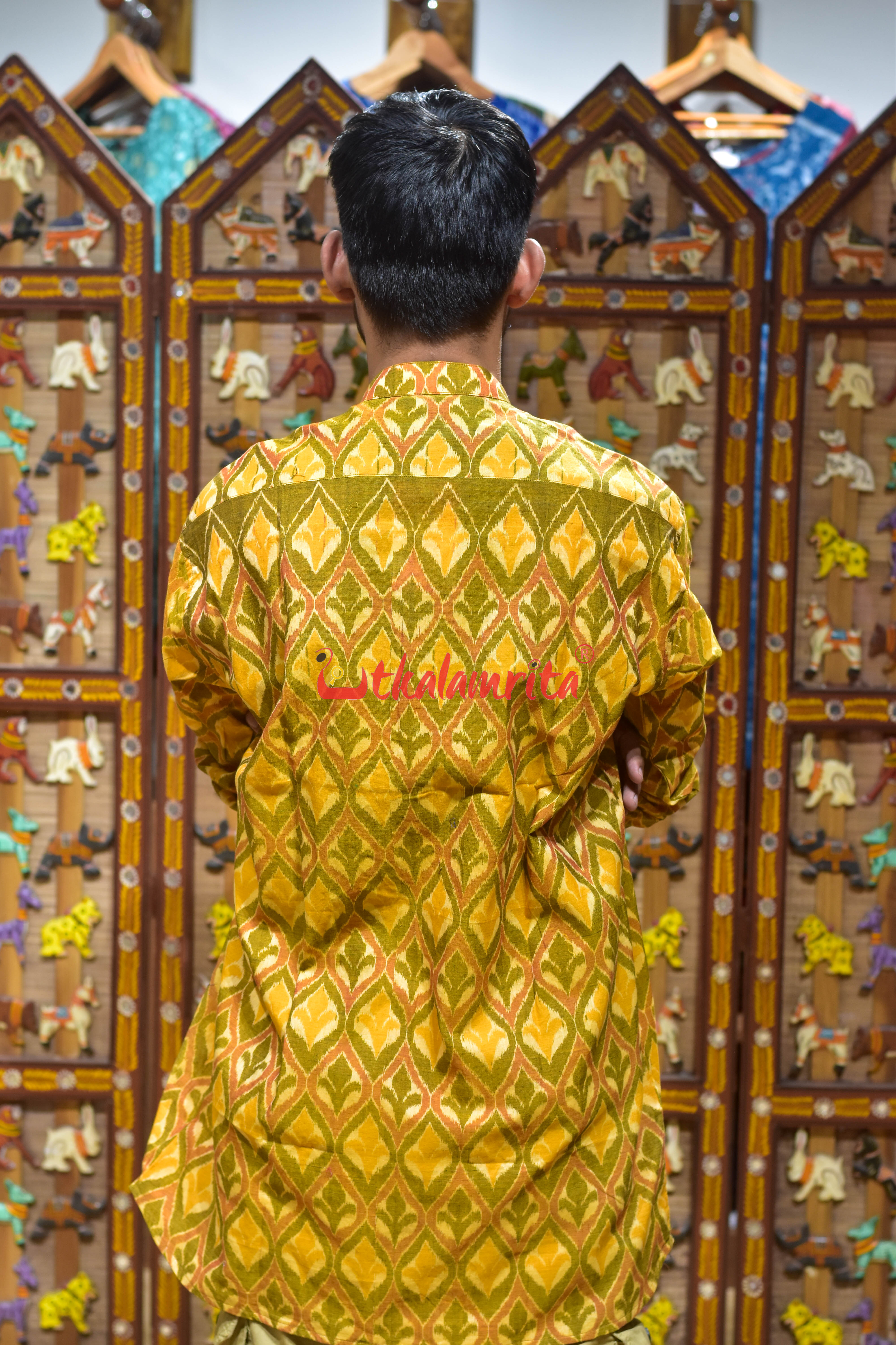 Mustard Yellow Flower Design (Men's Short Kurta)