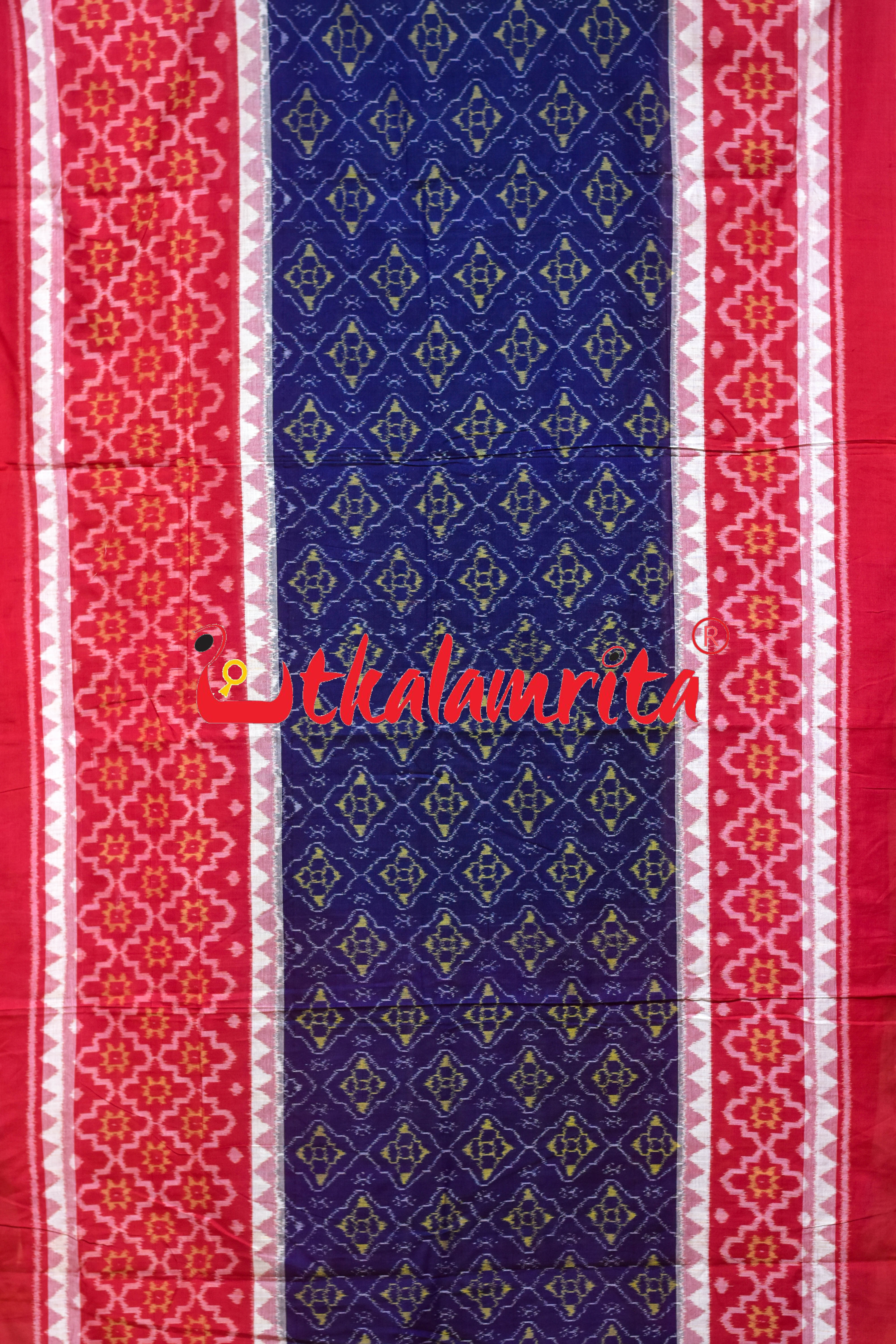 Blue Red Big Flower Sambalpuri Cotton Saree