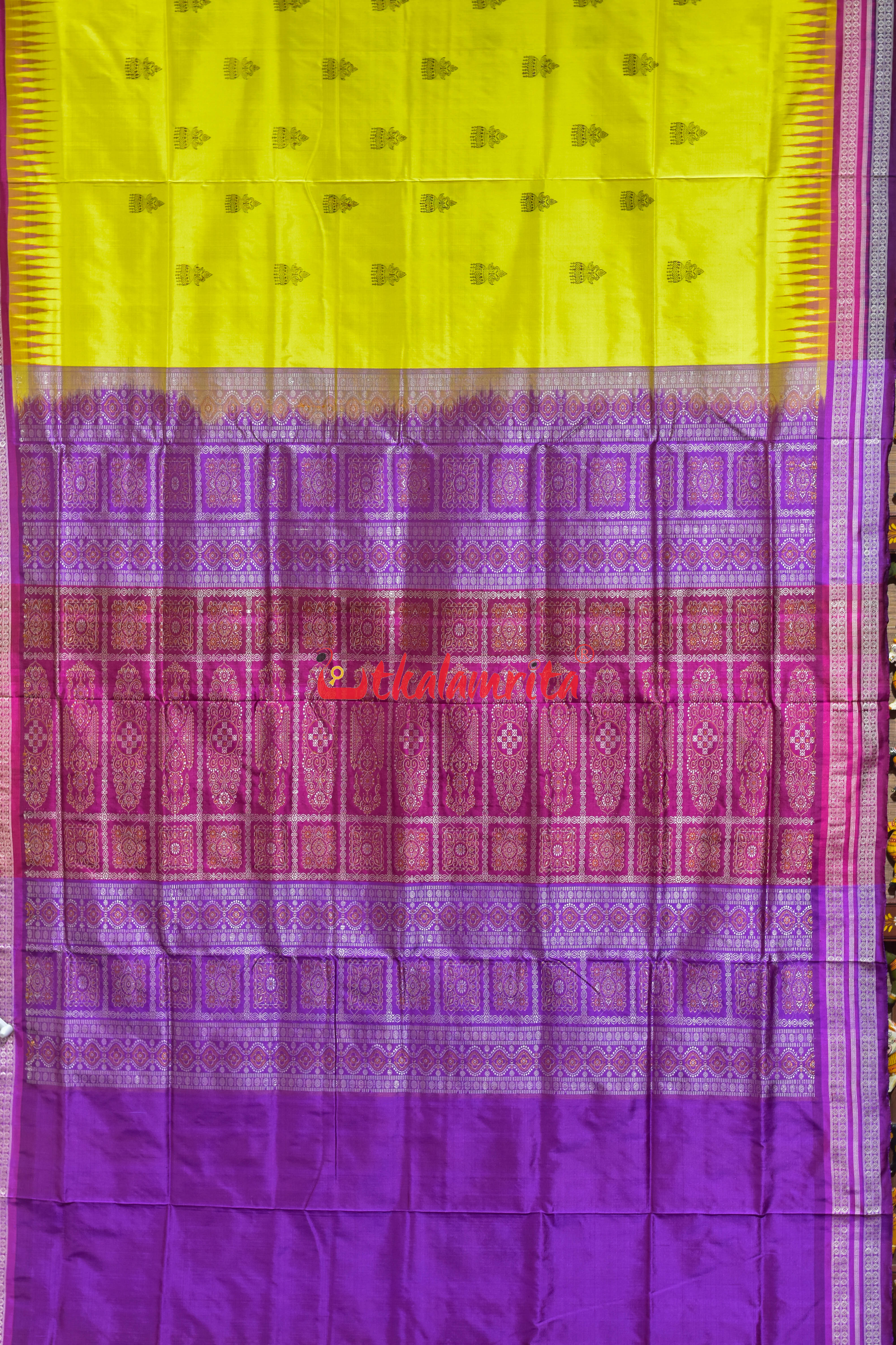 Yellow Body Kana phula Double Border Bomkai Silk Saree