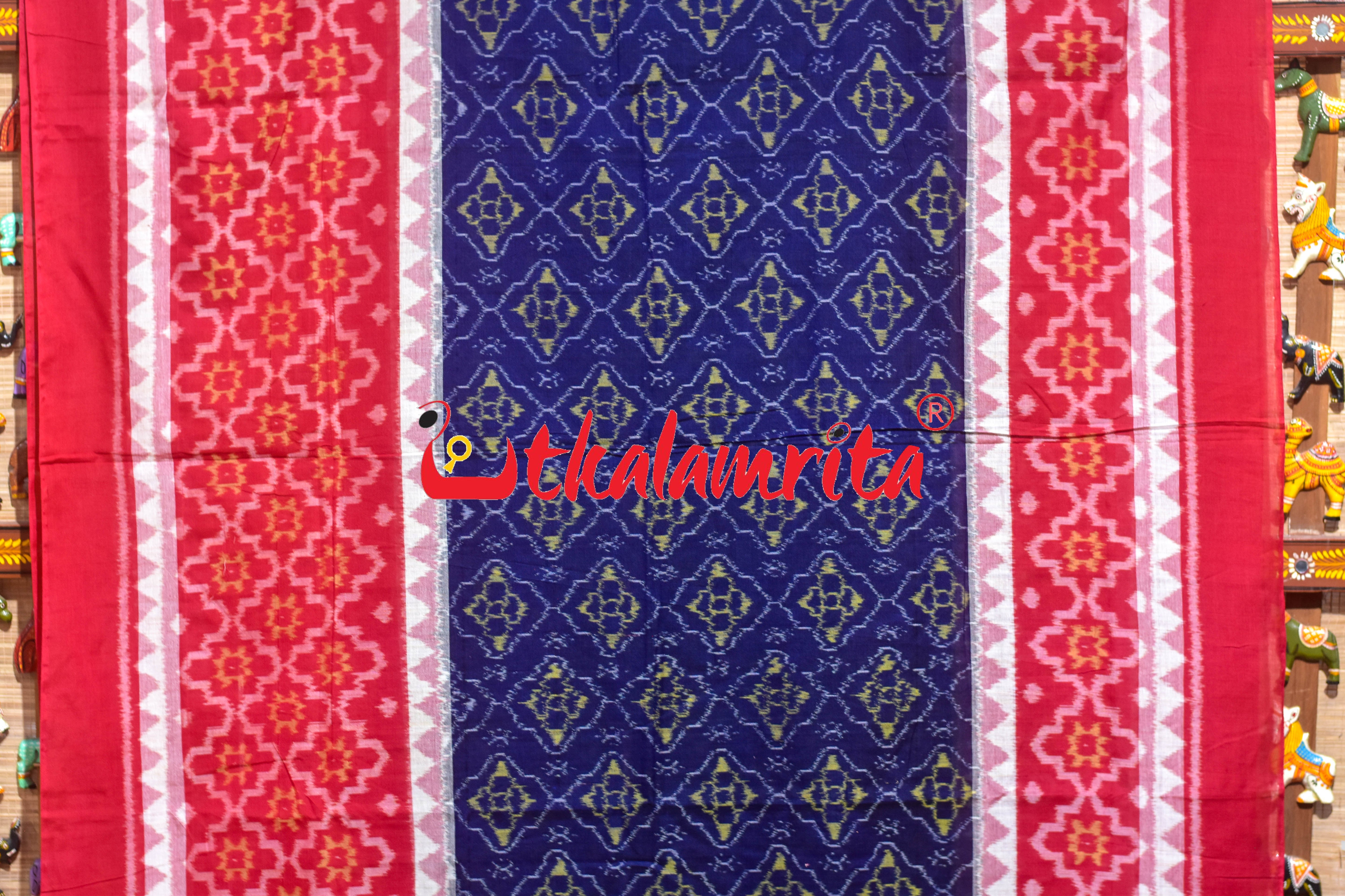 Blue Red Big Flower Sambalpuri Cotton Saree