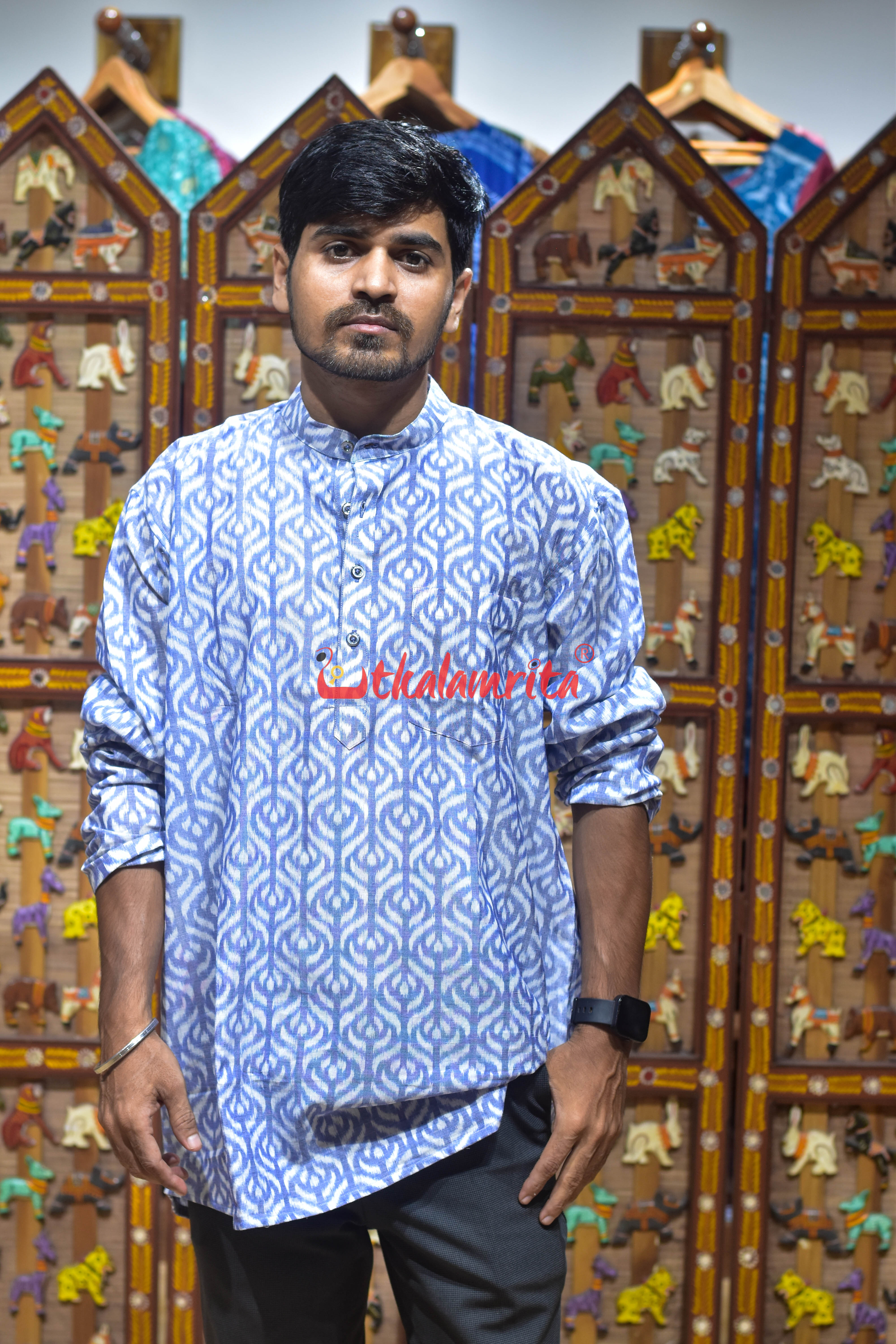 White Blue with Flowers (Men's Short Kurta)