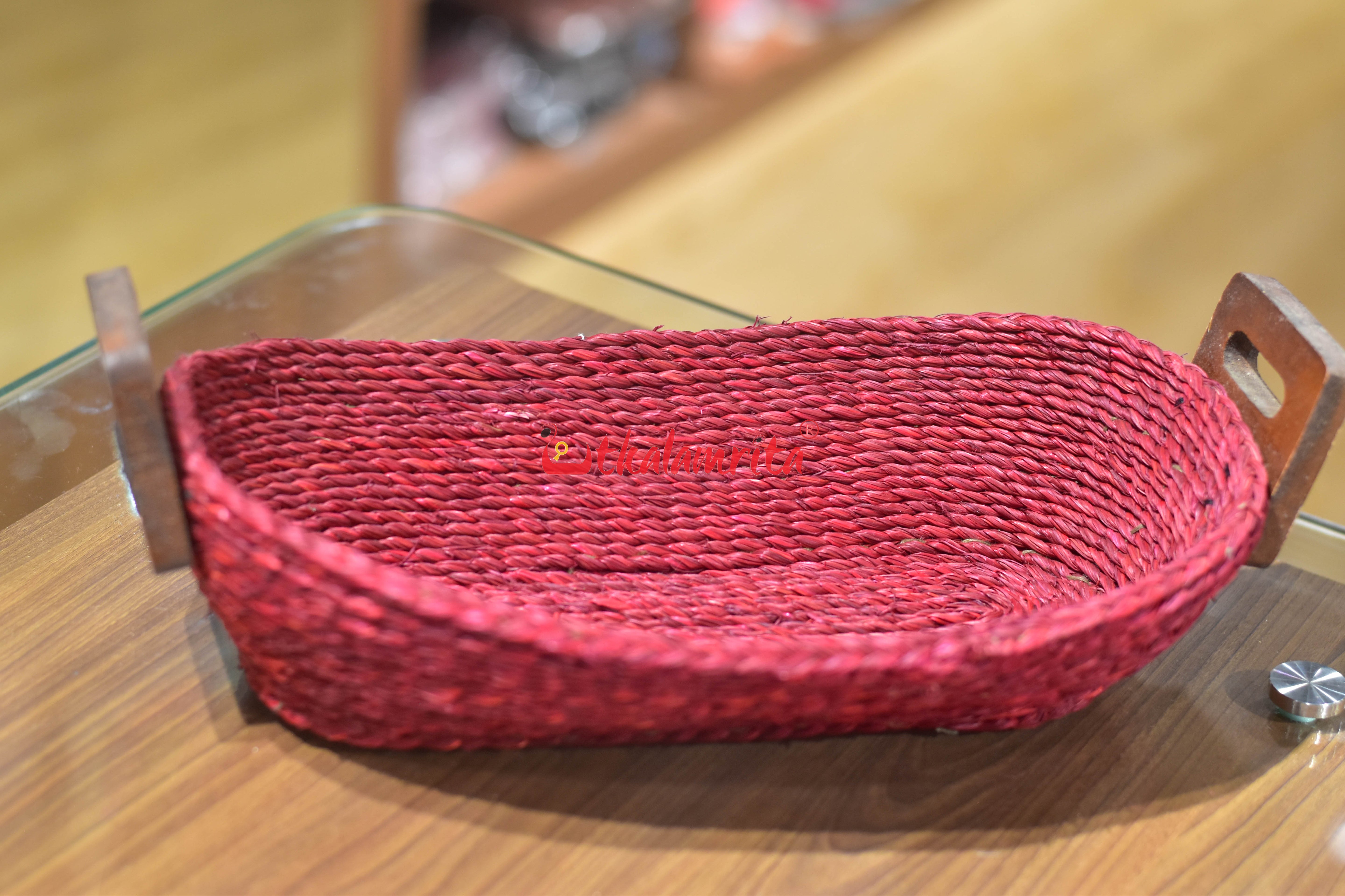 Sabai Grass Bread Basket with Wooden Handle (Maroon Color)- Small