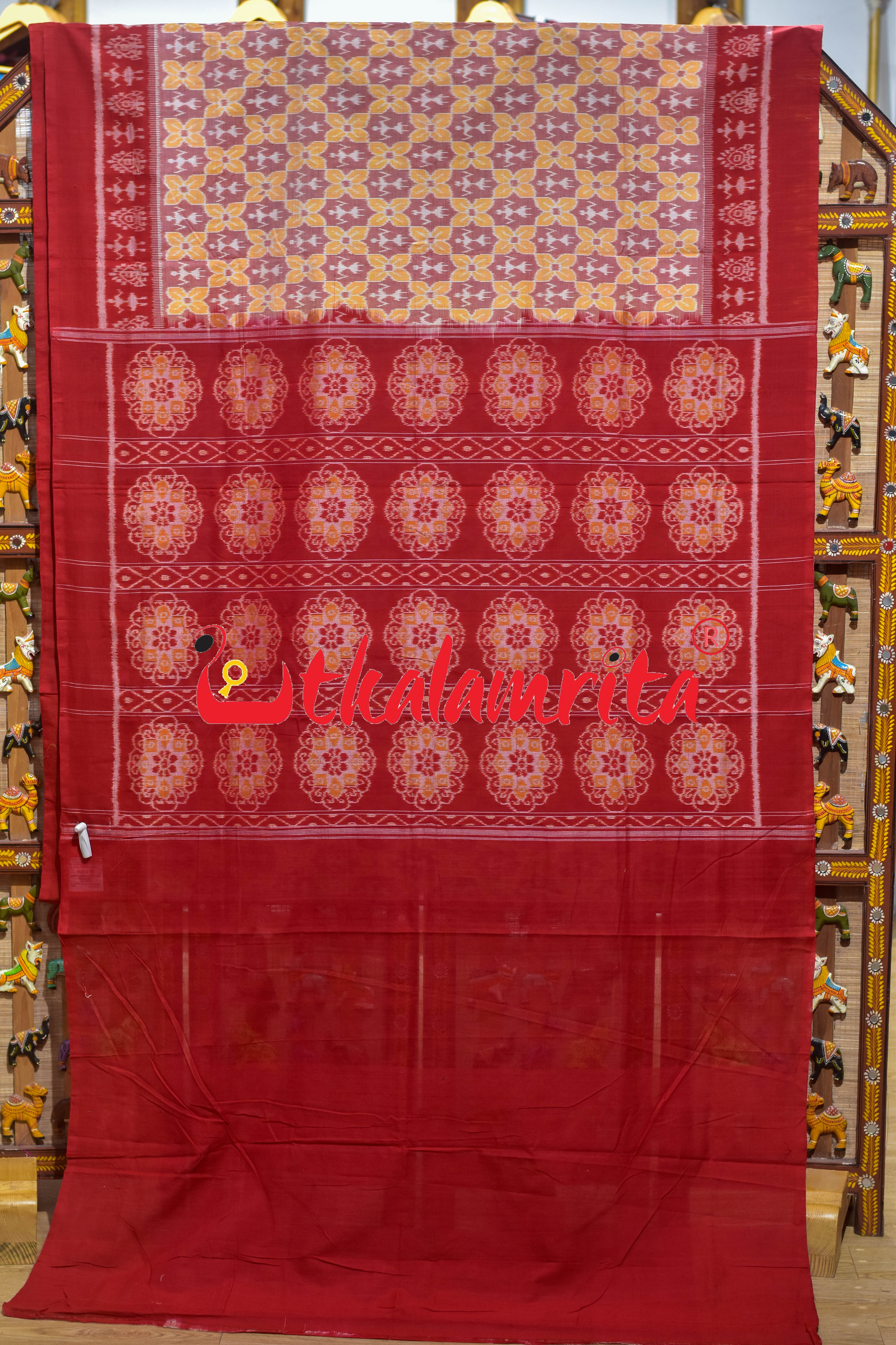 Tribal with Flower Pink Red Sambalpuri Cotton Saree