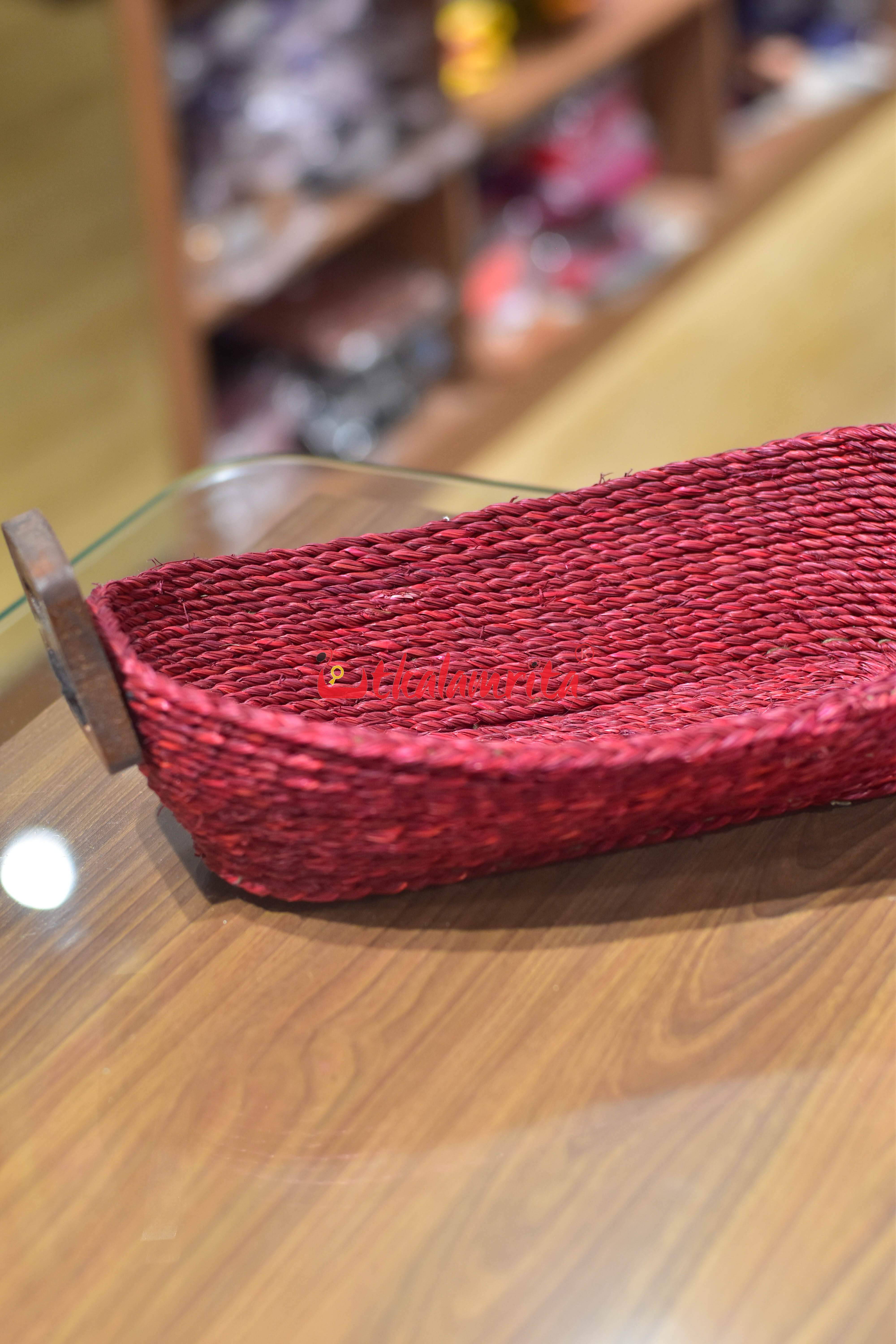 Sabai Grass Bread Basket with Wooden Handle (Maroon Color)- Small