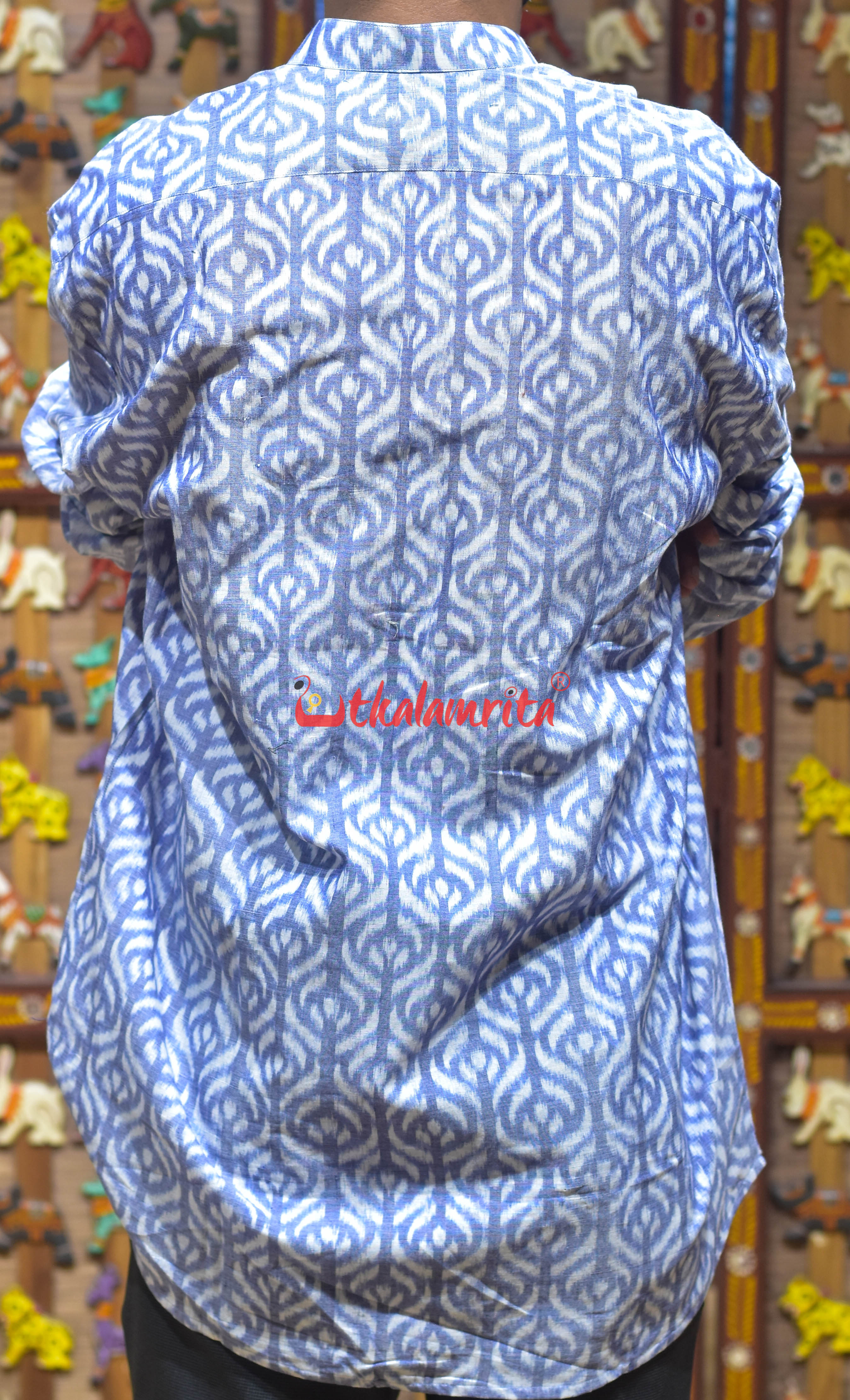 White Blue with Flowers (Men's Short Kurta)