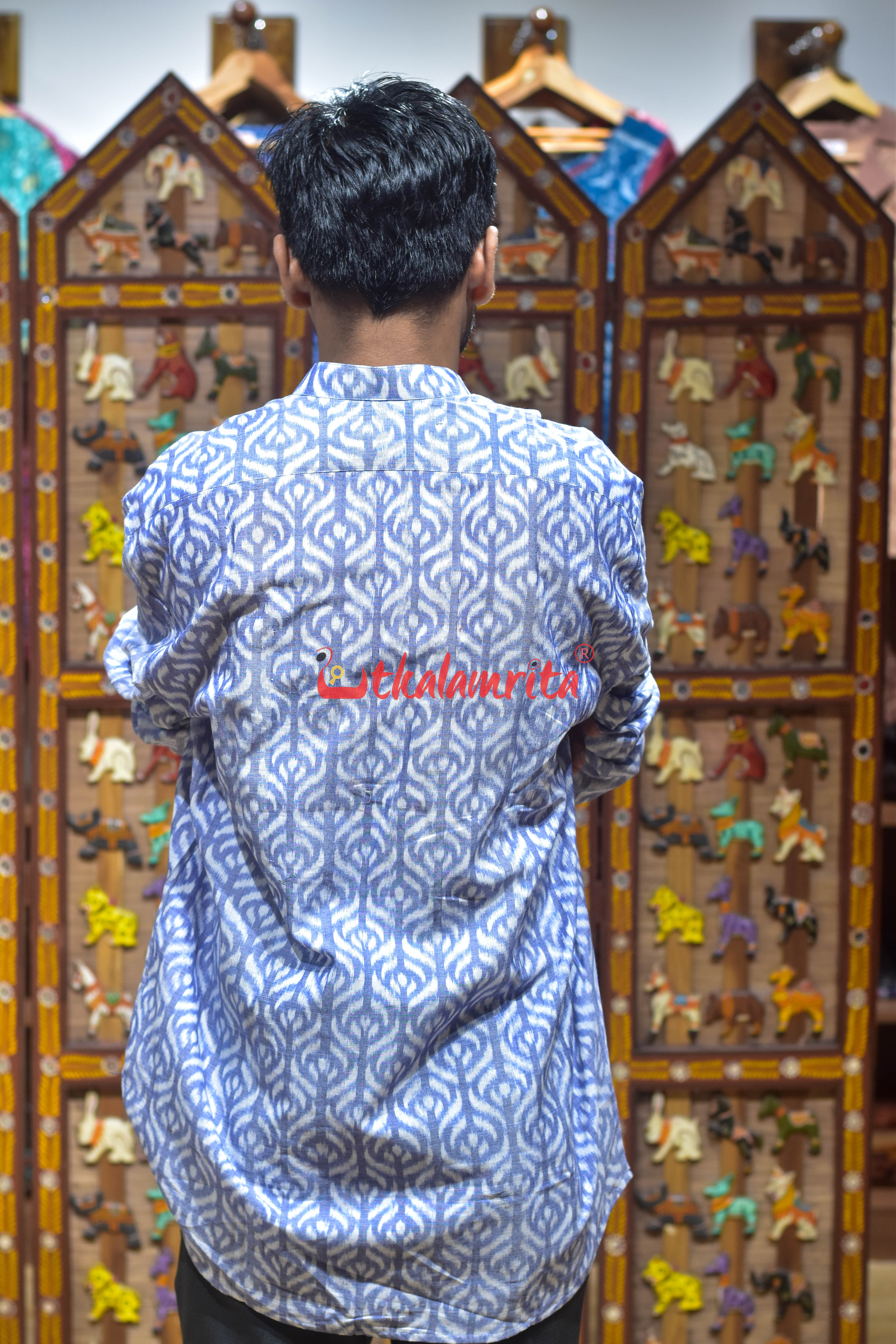 White Blue with Flowers (Men's Short Kurta)