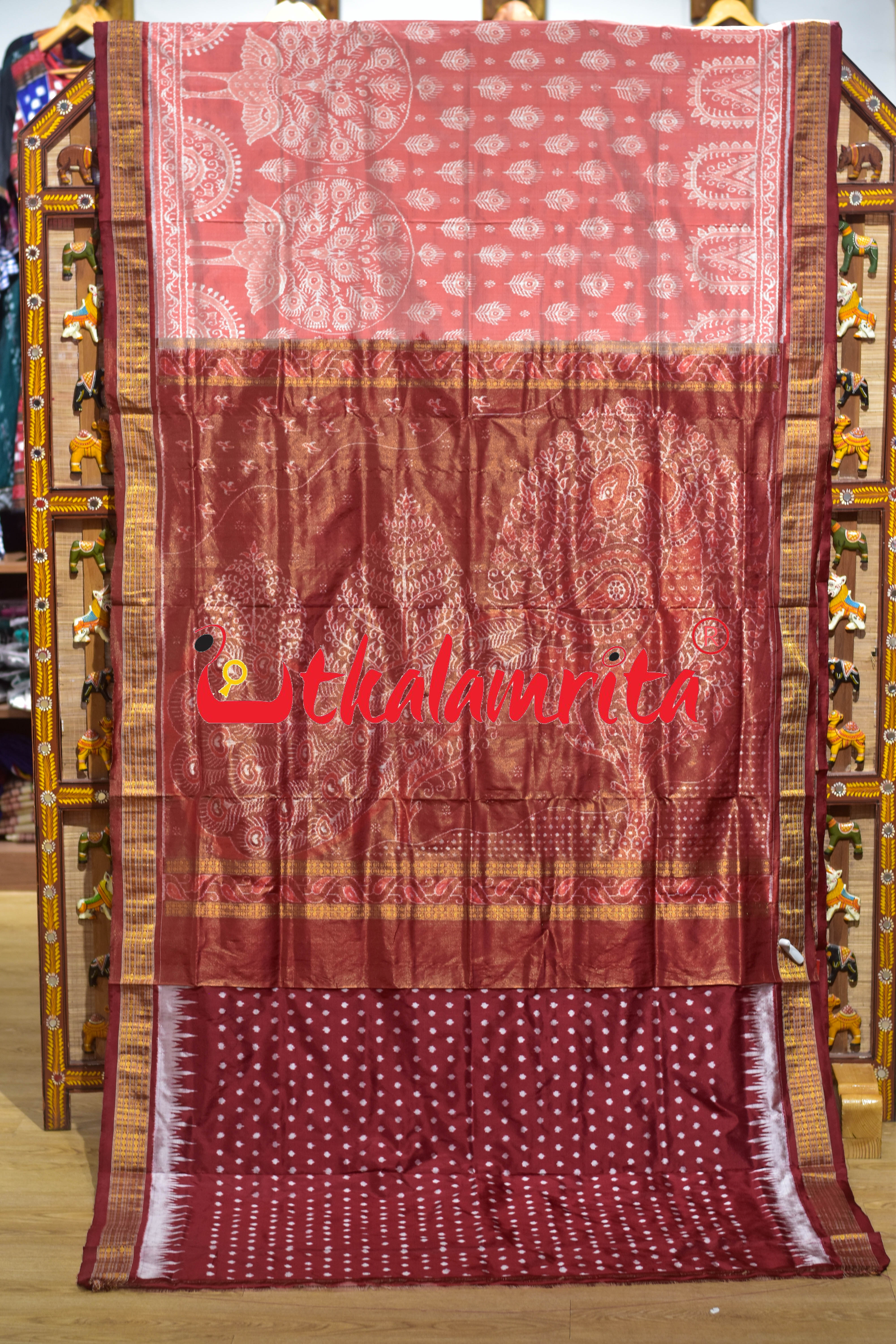 Peach Mayura Sambalpuri Bandha Half Tissue Silk Saree