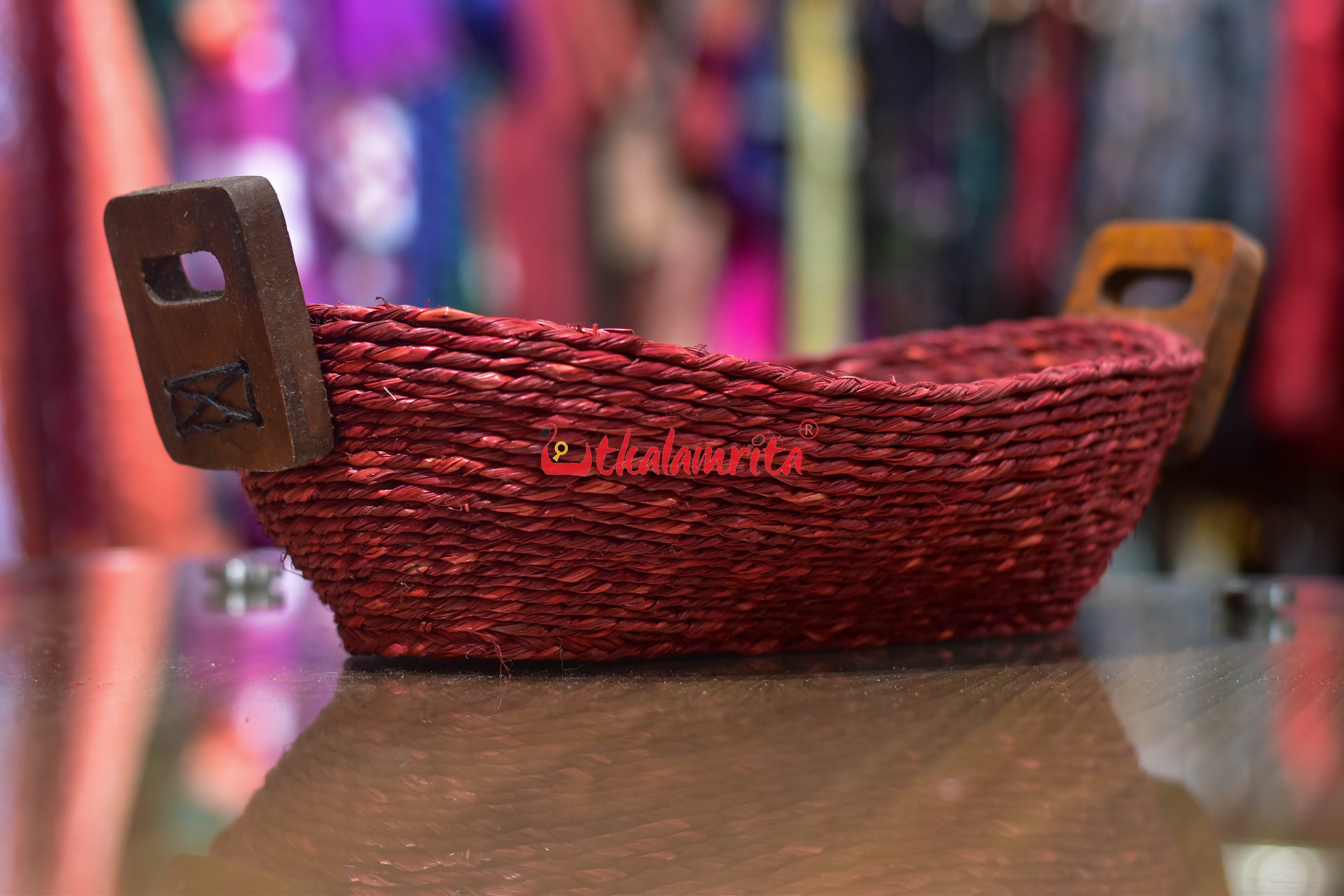 Sabai Grass Bread Basket with Wooden Handle (Maroon Color)- Medium