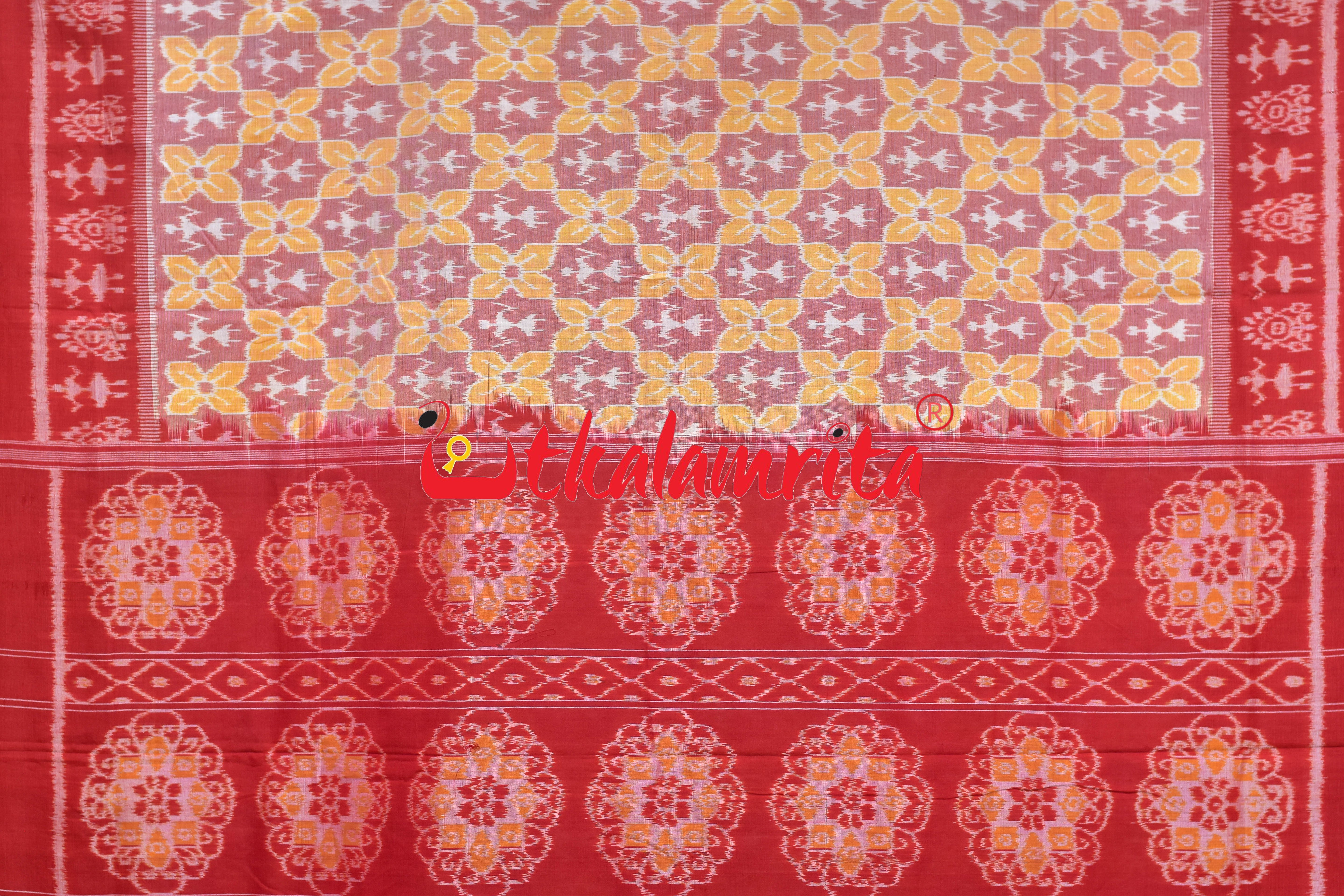 Tribal with Flower Pink Red Sambalpuri Cotton Saree