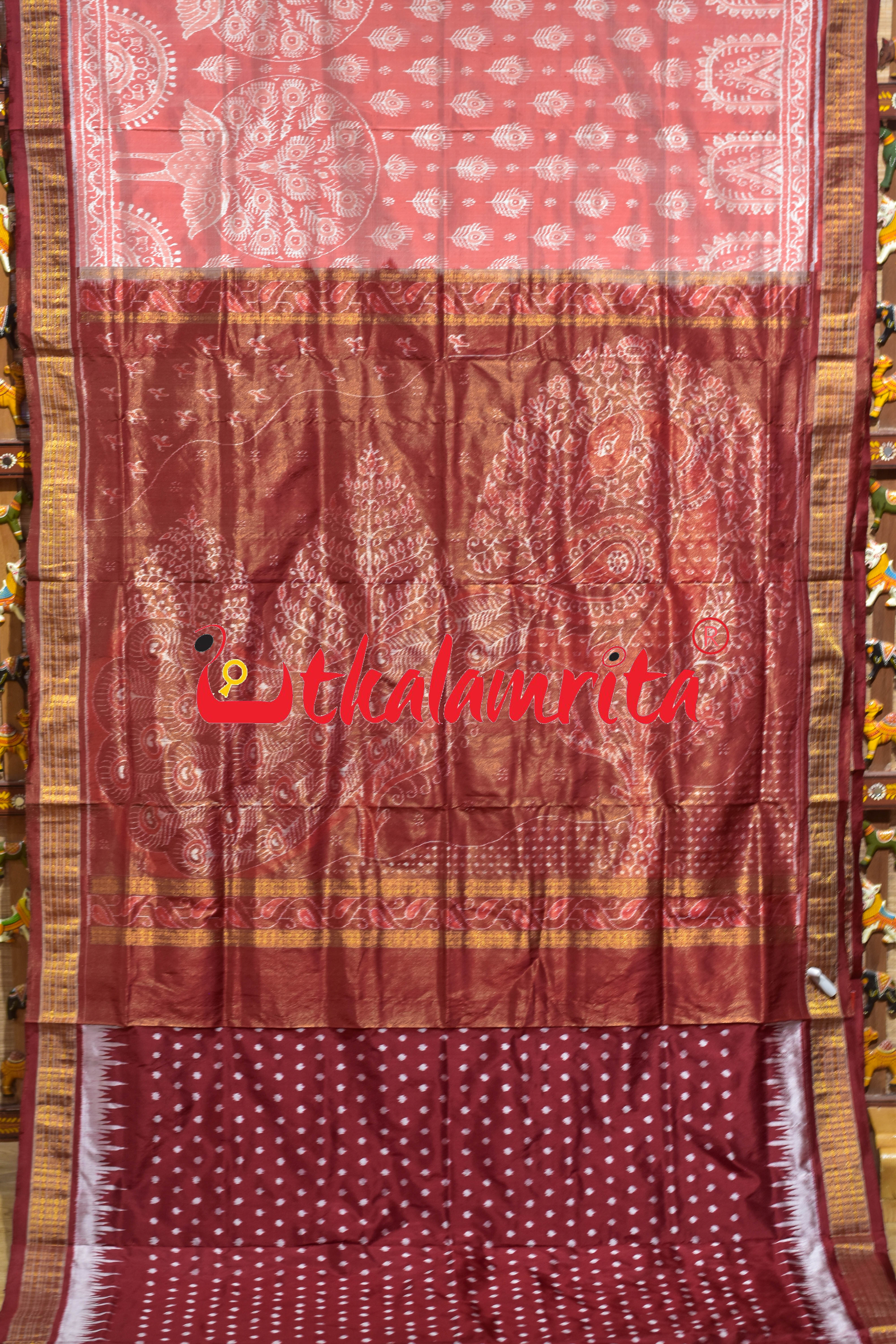 Peach Mayura Sambalpuri Bandha Half Tissue Silk Saree