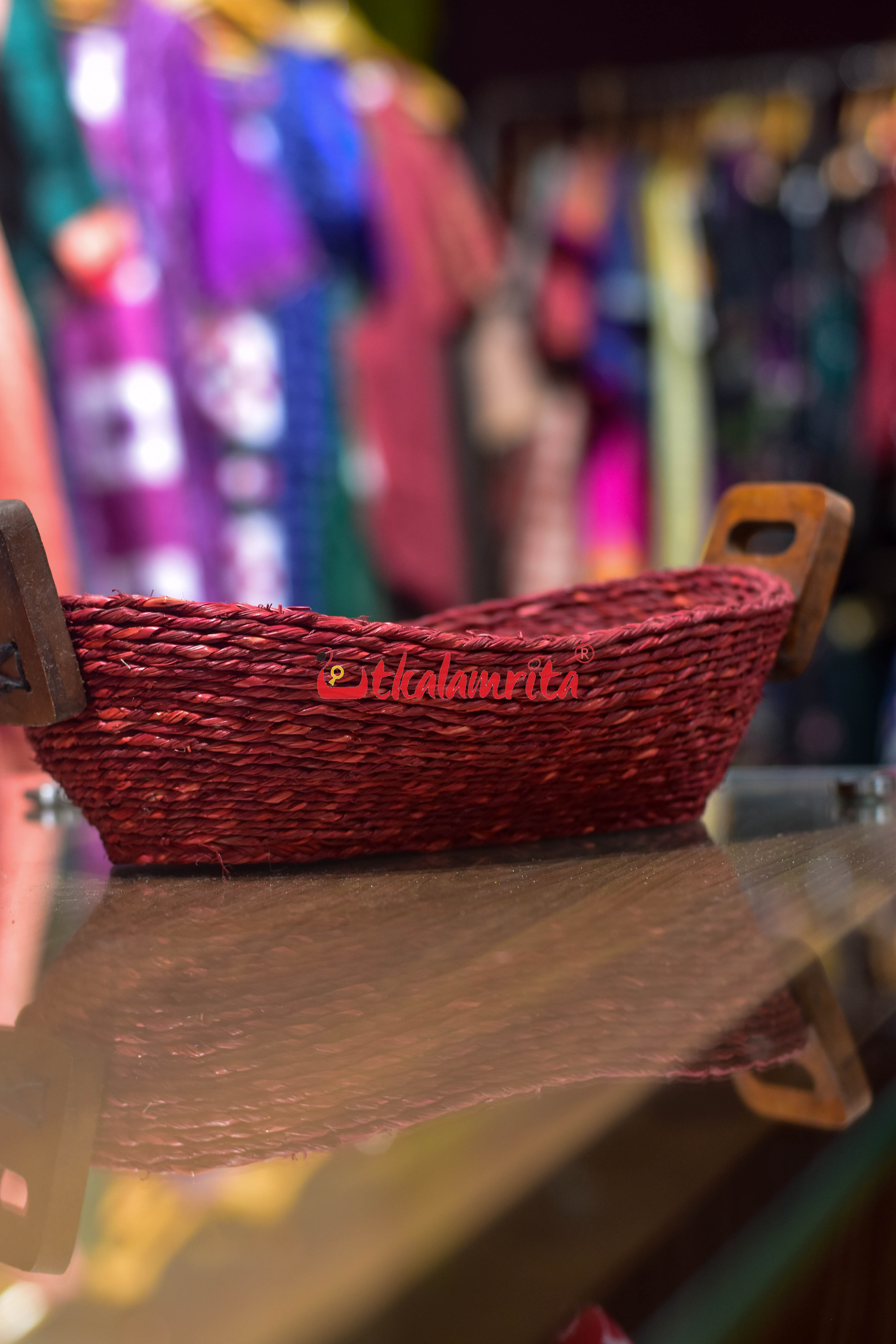 Sabai Grass Bread Basket with Wooden Handle (Maroon Color)- Large