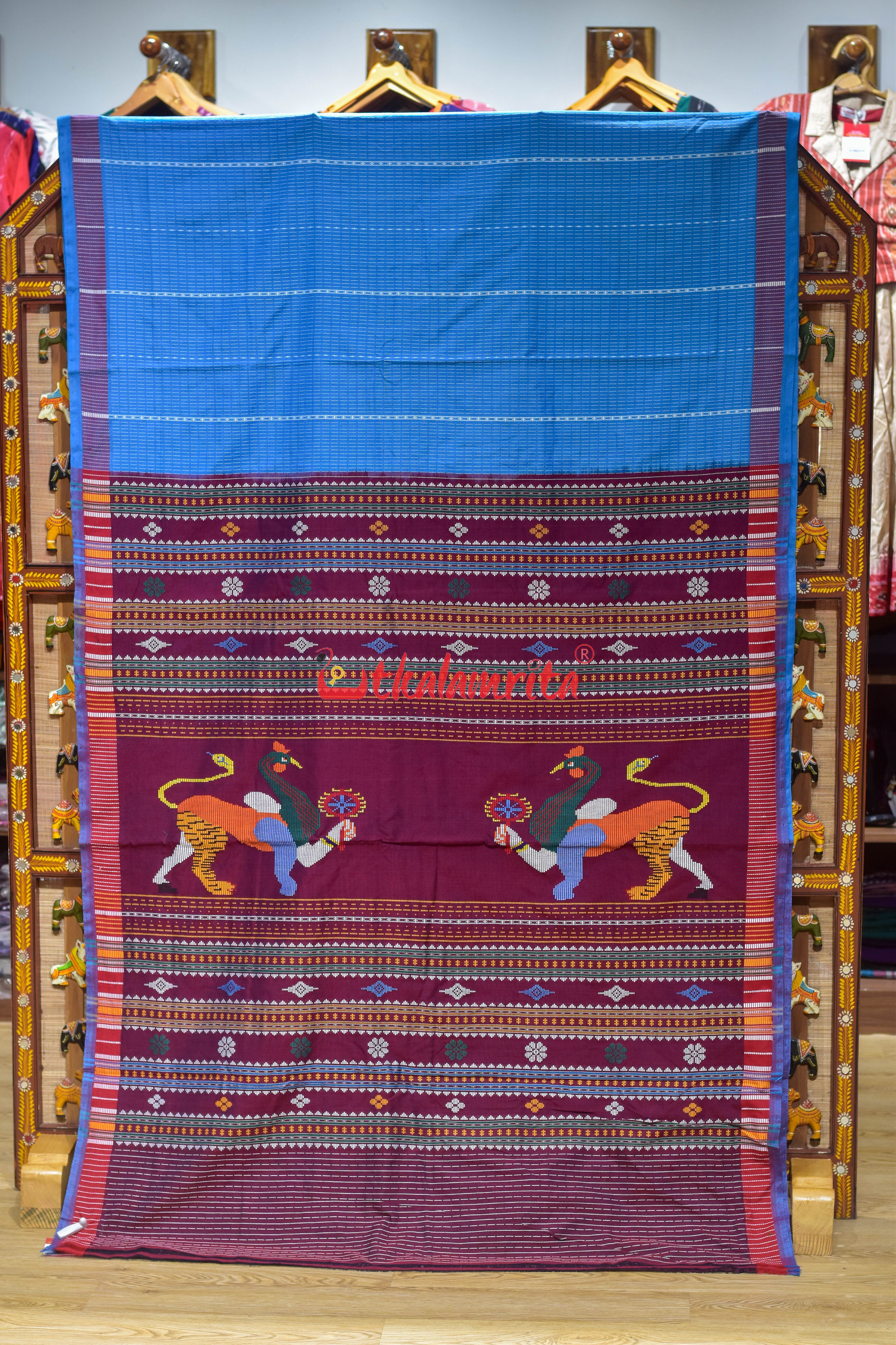Surf Blue Dhalapathar Double Nabagunjara Cotton Saree
