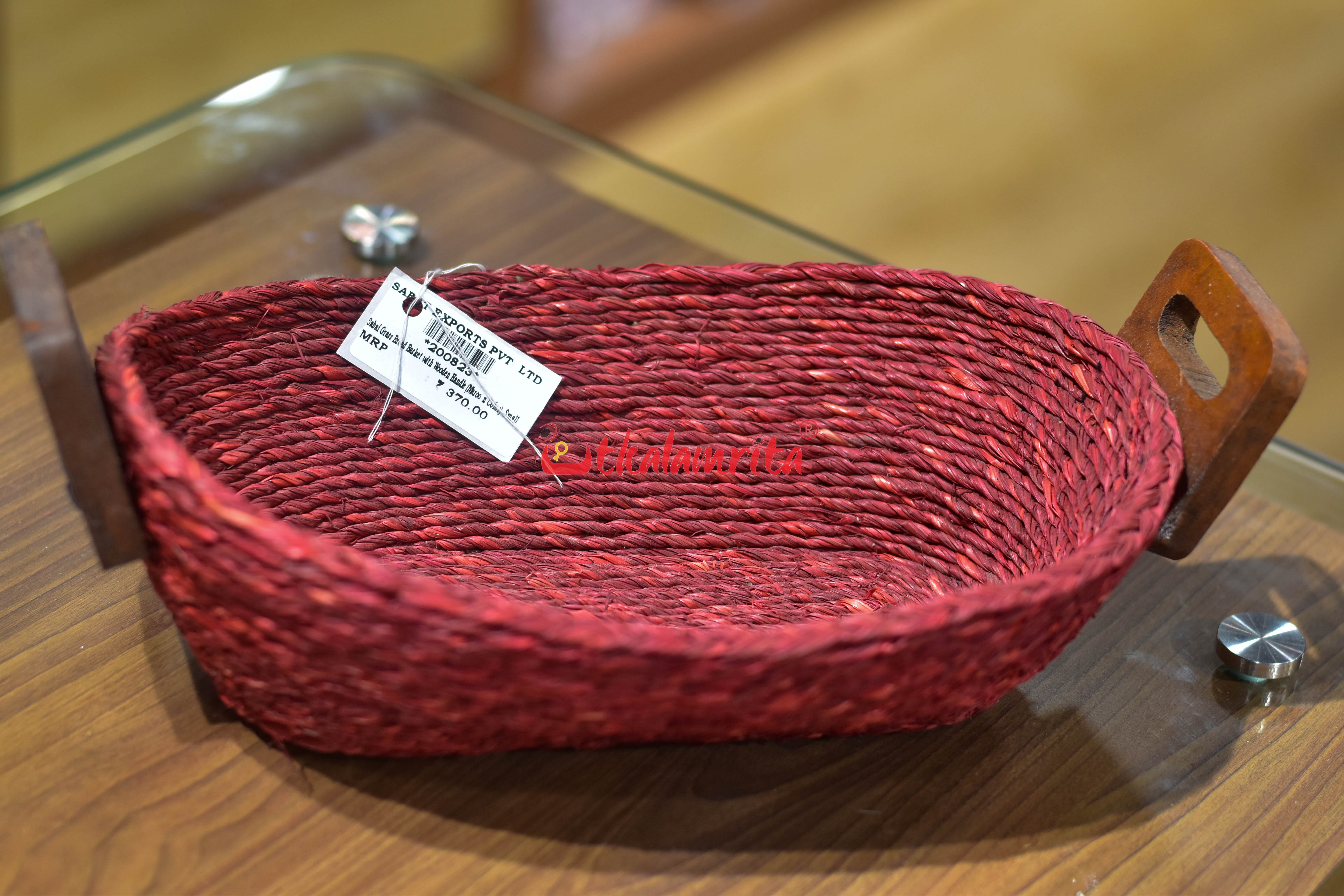 Sabai Grass Bread Basket with Wooden Handle (Maroon Color)- Medium